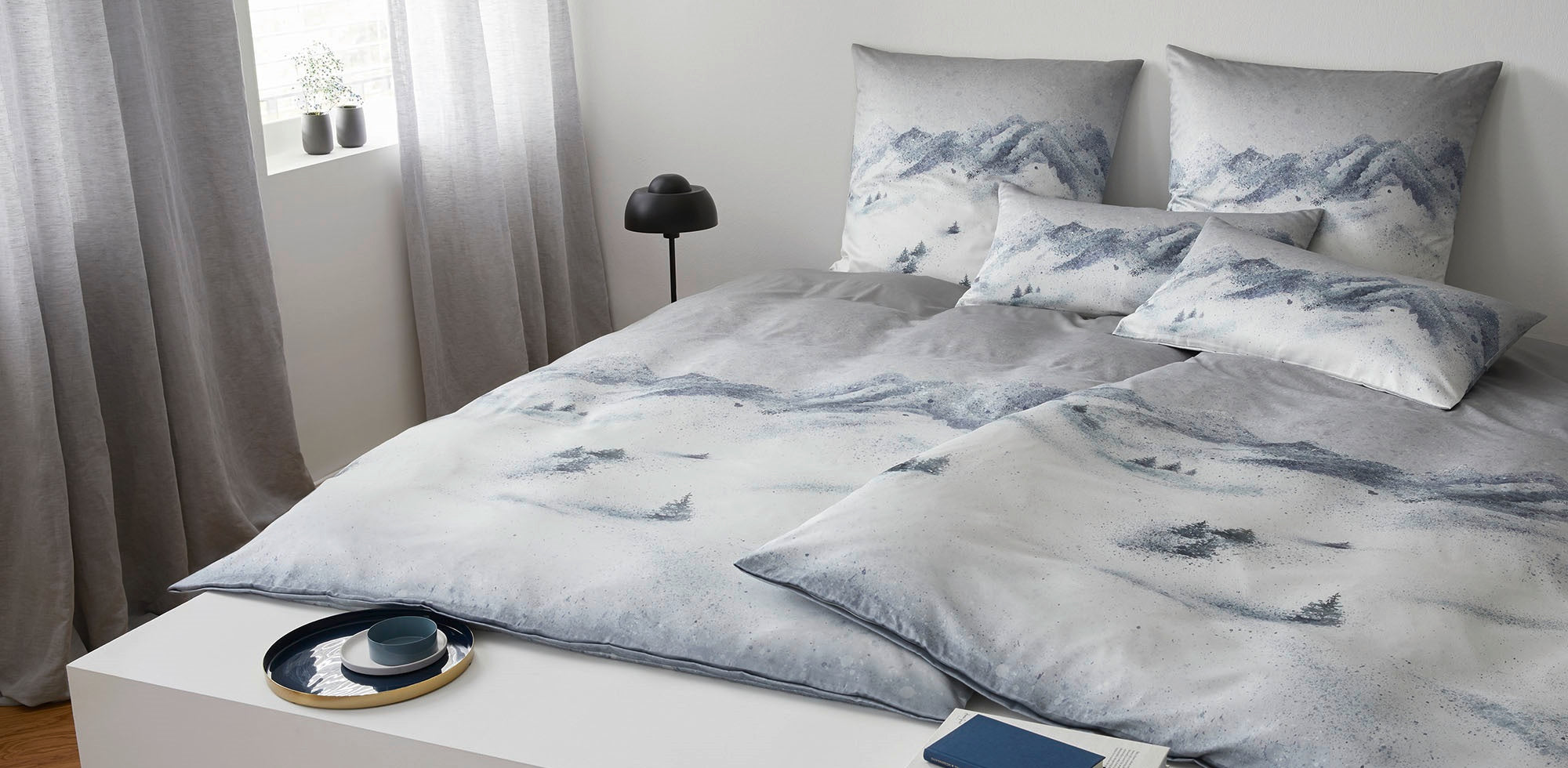 Satin Bettwäsche Wintermotiv Grau Schlafzimmer