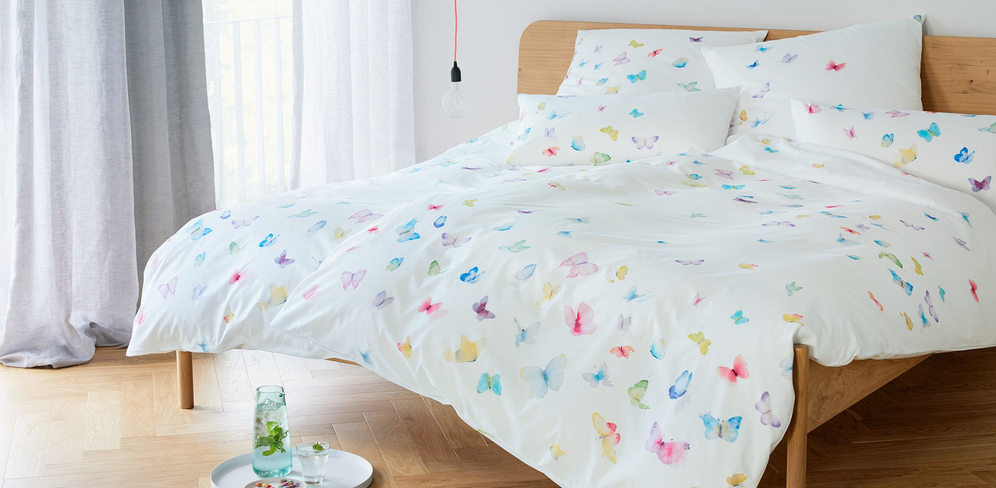 Mako Batist Bettwäsche Hellgrün Schmetterlinge Schlafzimmer