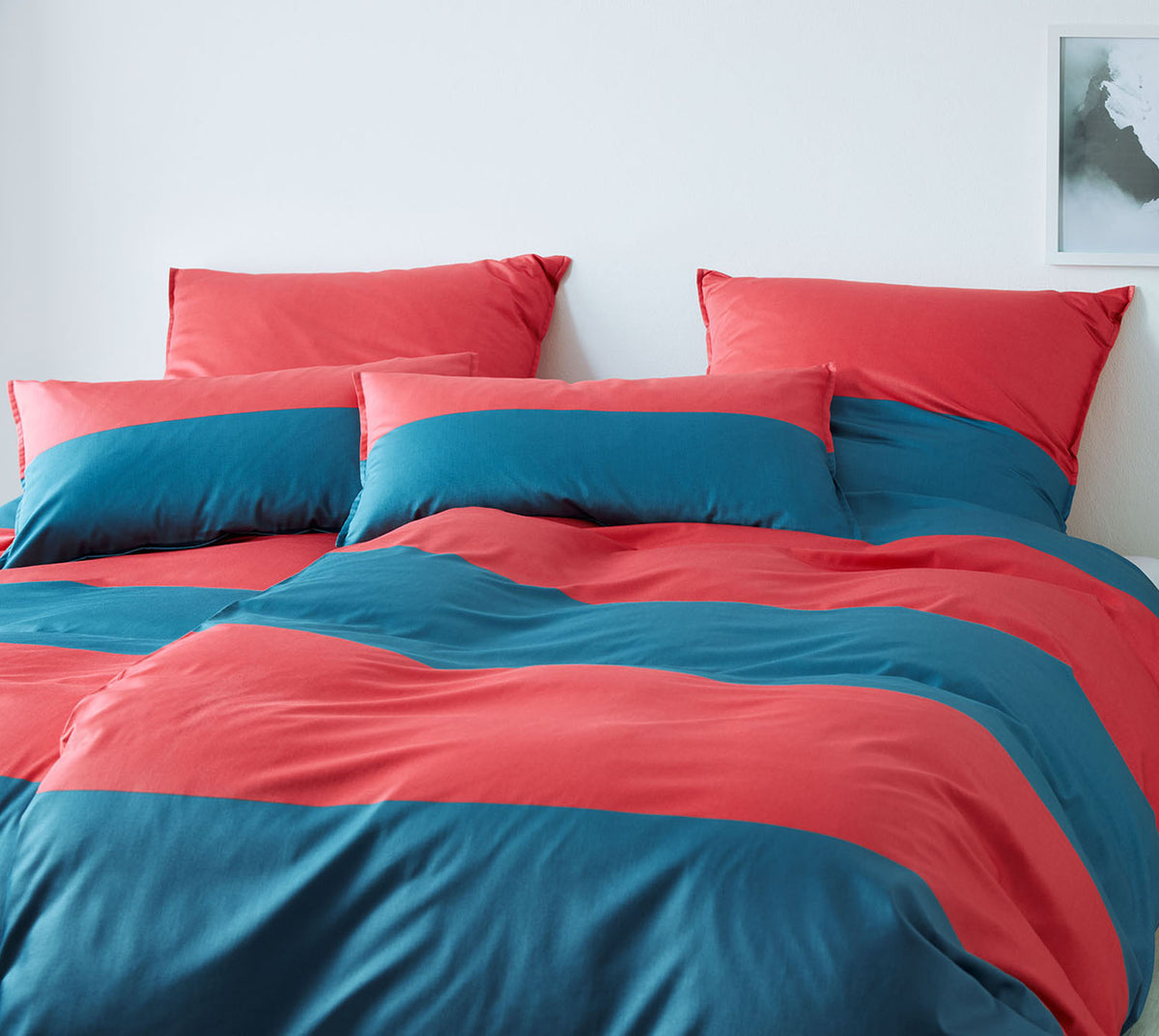 Satin Bettwäsche Signal Blockstreifen Blau Rot Schlafzimmer
