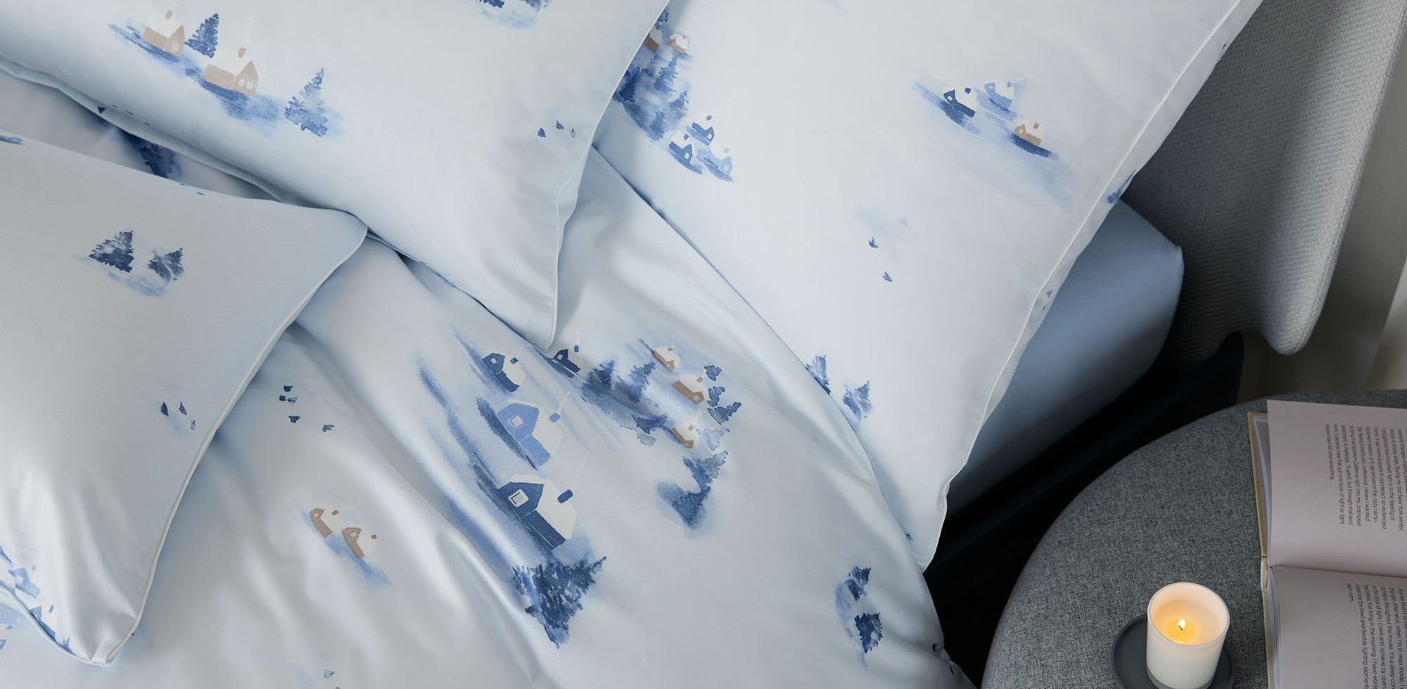 Satin Bettwäsche Home Wintermotiv Häuser Blau