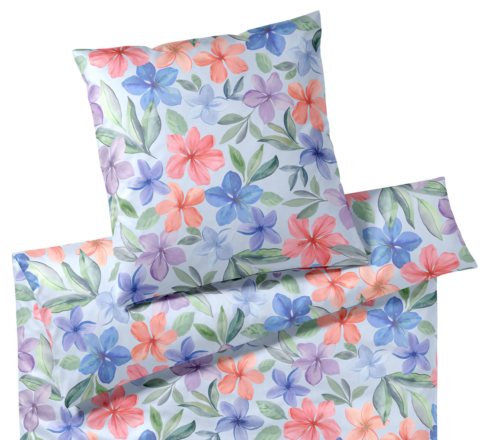 Bambus Satin Bettwäsche Bravo in Bleu Blumen-Blätter-Motiv Freisteller #farbe_Bravo Bleu