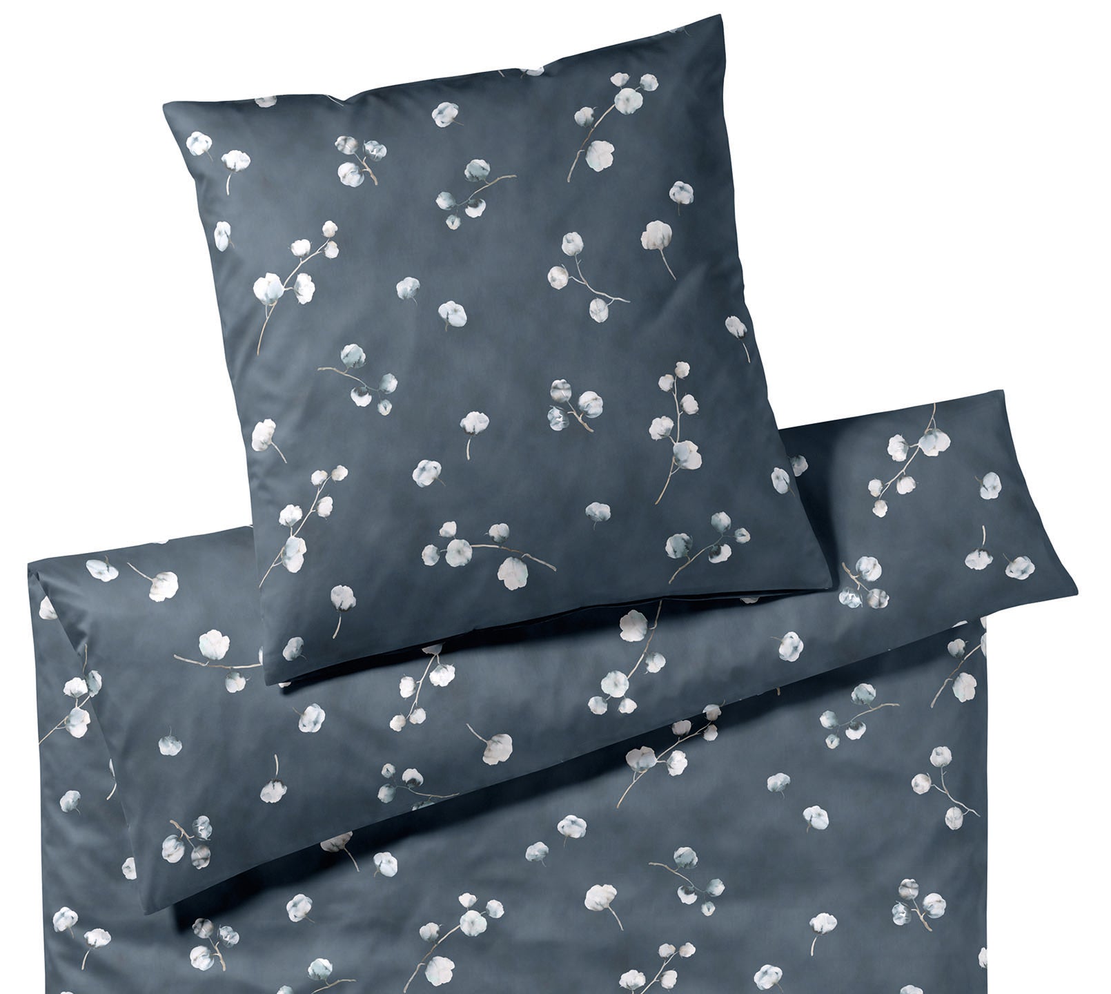 GOTS Bio Satin Bettwäsche Cotton Flower in Dunkelblau Baumwollblüten Freisteller #farbe_Dunkelblau