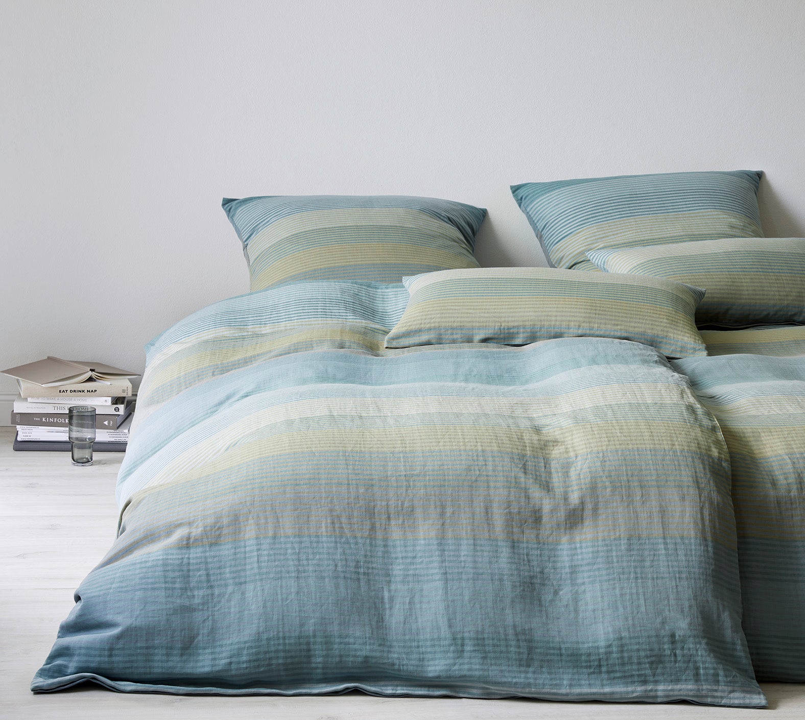 Halbleinen Bettwäsche Fjord in Moosgrün Streifen Schlafzimmer #farbe_Moosgrün gestreift