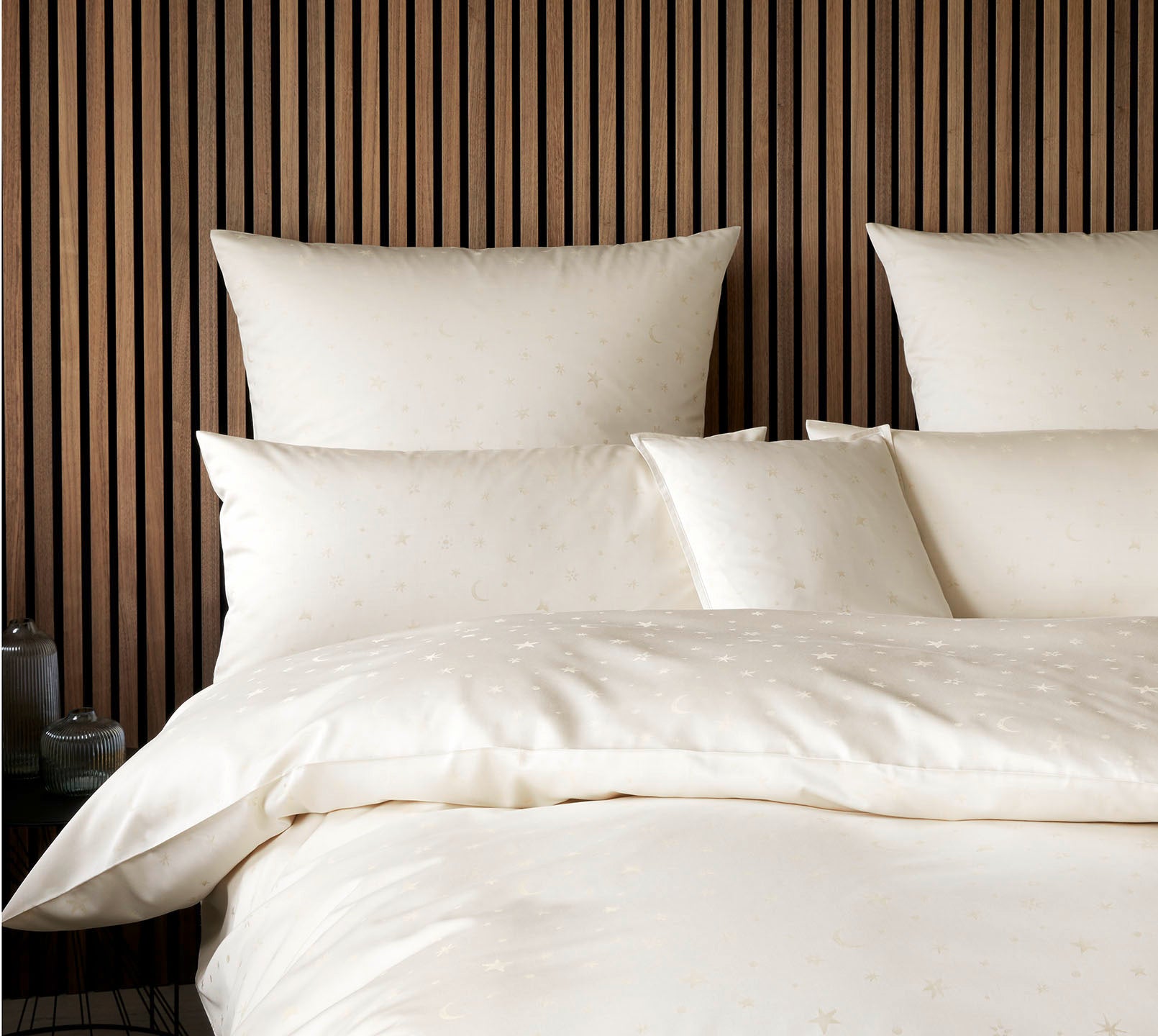 Jacquard Bettwaesche Stars in Beige Mond Sterne Schlafzimmer #farbe_Natur