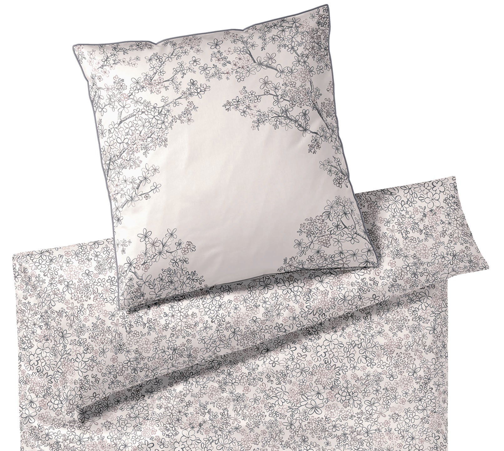 Satin Bettwäsche Greige in Blattgrün Blüten Freisteller #farbe_Belle Greige