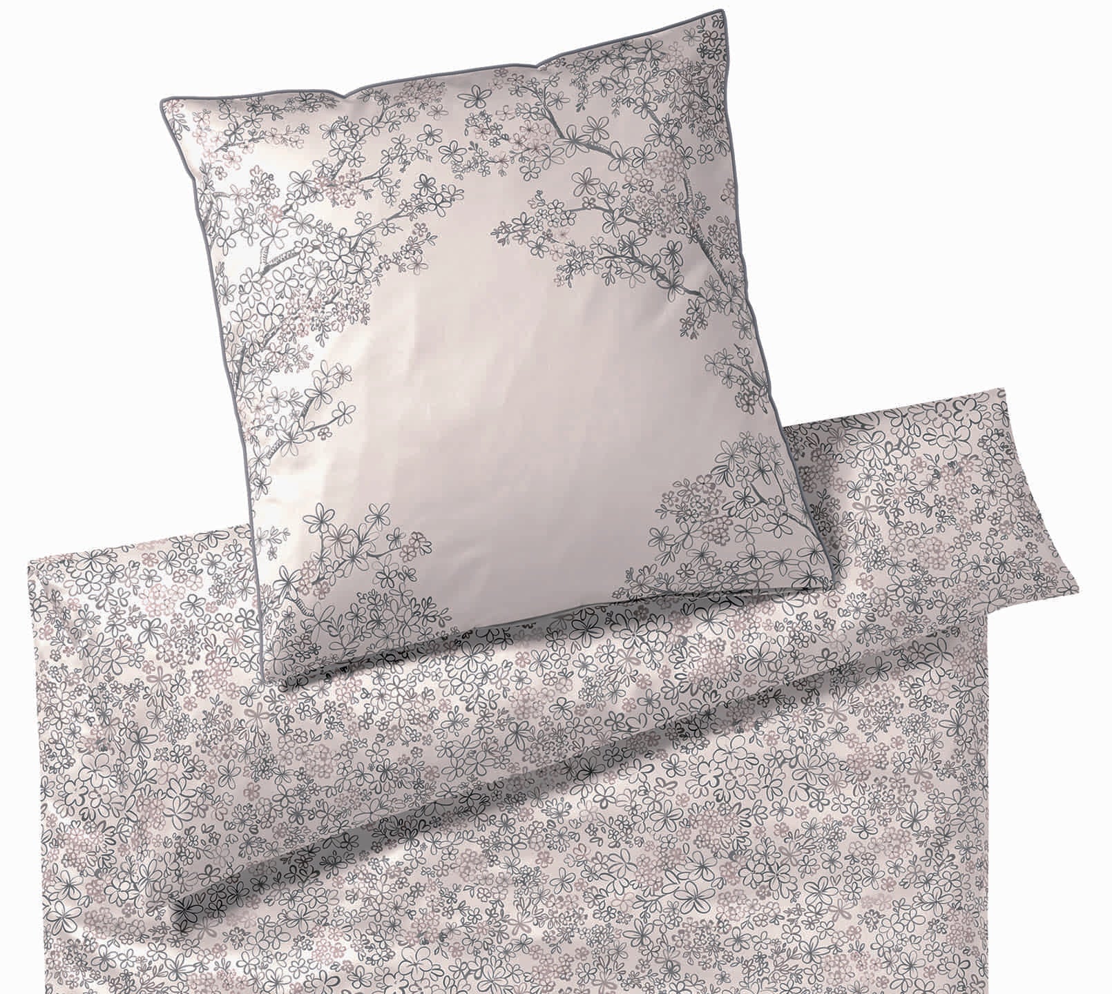 Satin Bettwäsche Belle in Greige Blüten Freisteller #farbe_Belle Greige