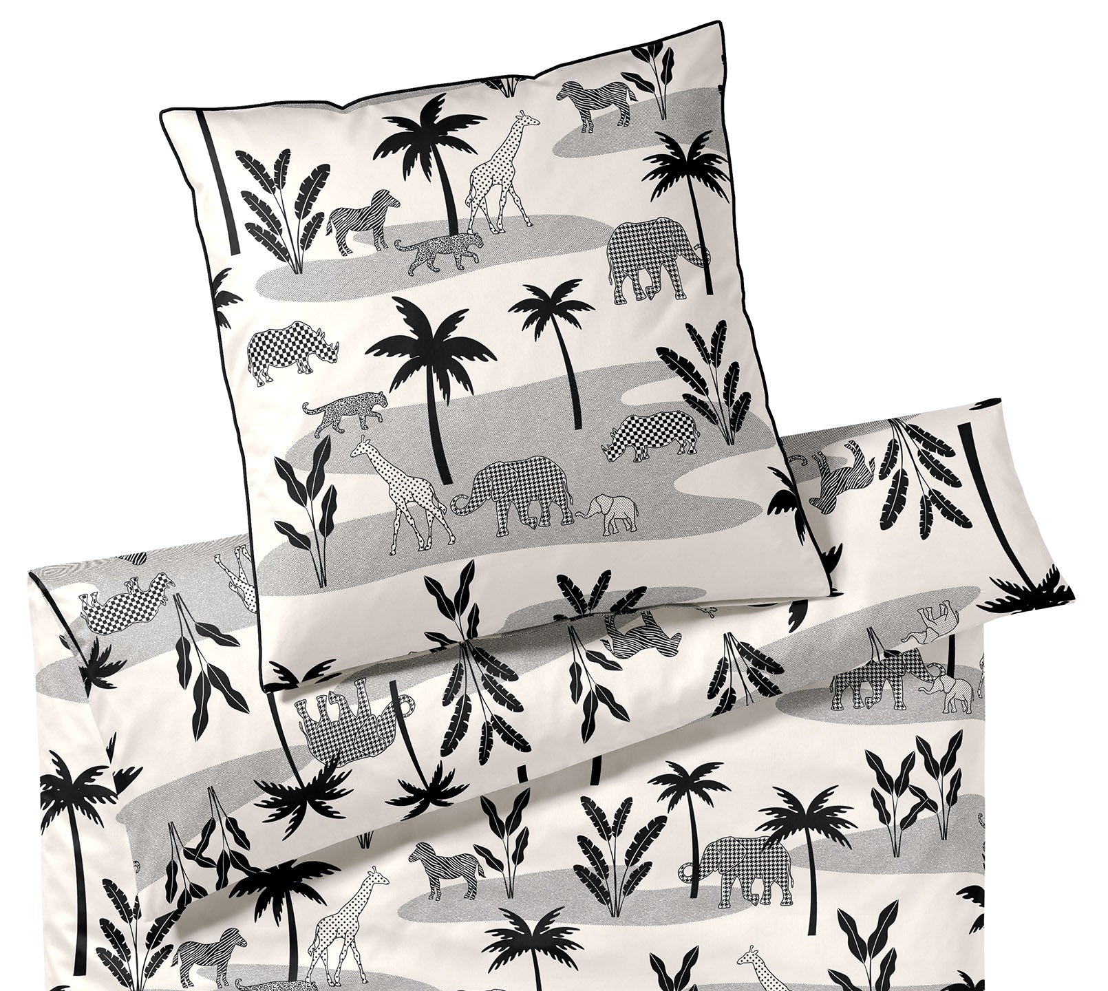 Satin Bettwäsche Jungle Graphic in Schwarz-Sand Dschungeltiere Freisteller #farbe_Jungle Graphic Schwarz-Sand
