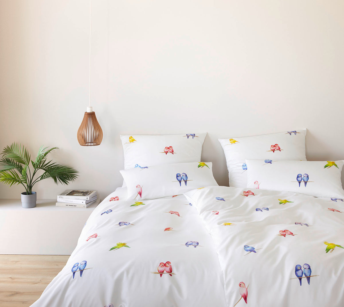 Satin Bettwäsche Lovebirds in Weiß Vögel Schlafzimmer #farbe_Lovebirds Weiß