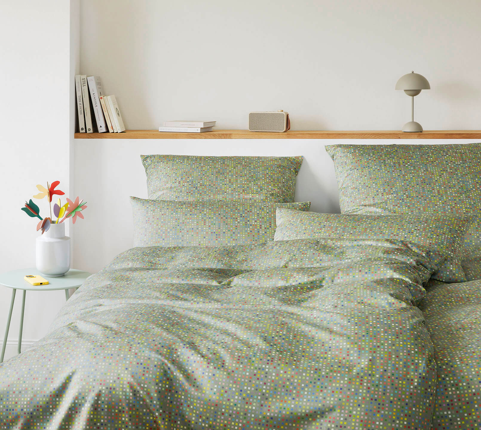 Satin Bettwäsche Pixie in Olivgrün Punktegraphik Schlafzimmer #farbe_Pixie Olivgrün