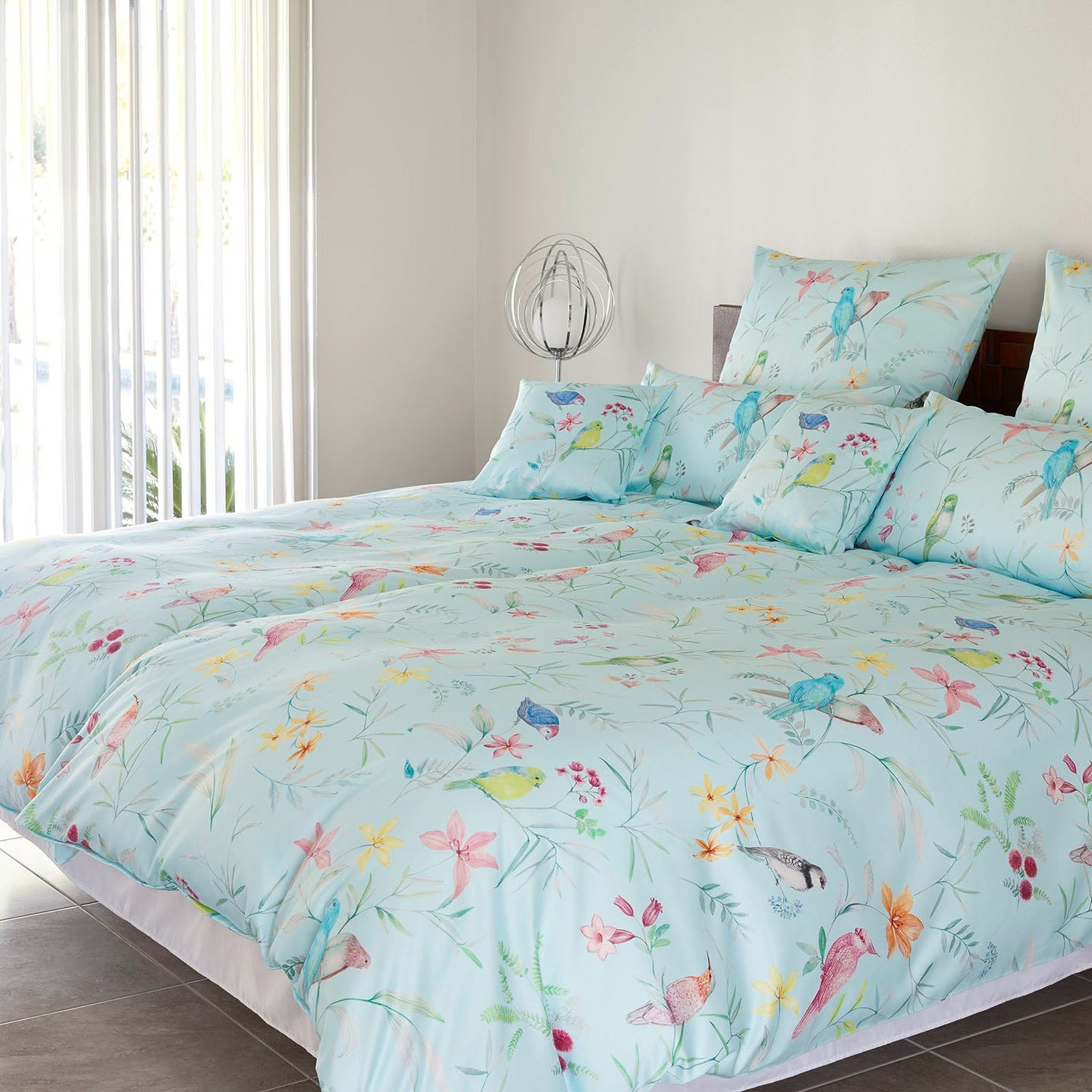 Satin Bettwäsche Snowbirds in Aqua Vögel Blumen Schlafzimmer #farbe_Snowbirds