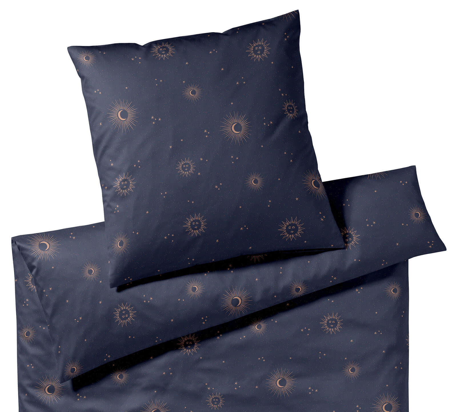 Satin Bettwäsche Stardust in Nachtblau Sonne Mond Sterne Freisteller #farbe_Stardust Nachtblau