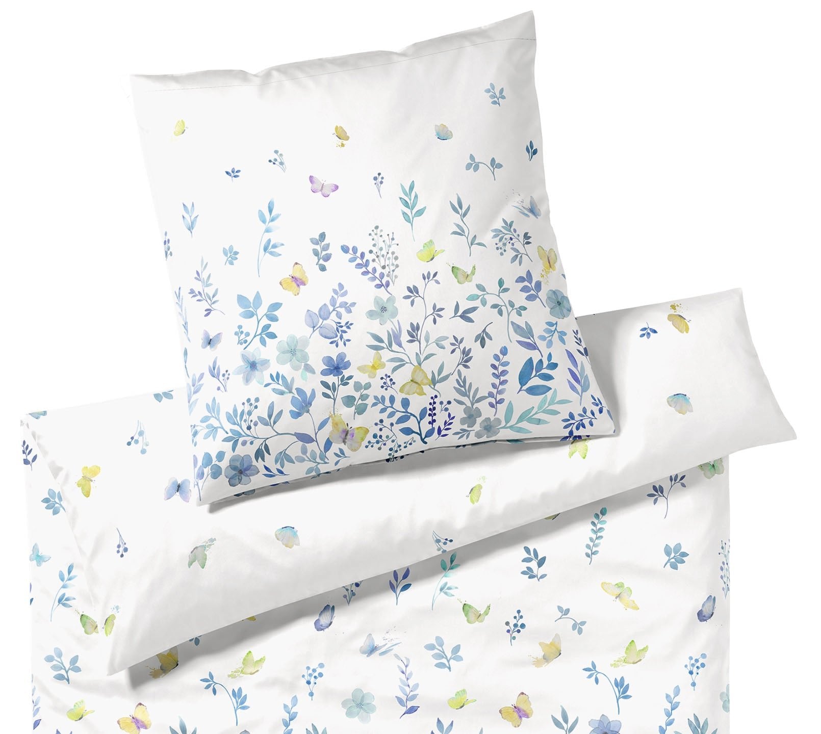 Satin Bettwäsche Schmetterlinge Sping Fling in Blau Blumen Freisteller #farbe_Blau