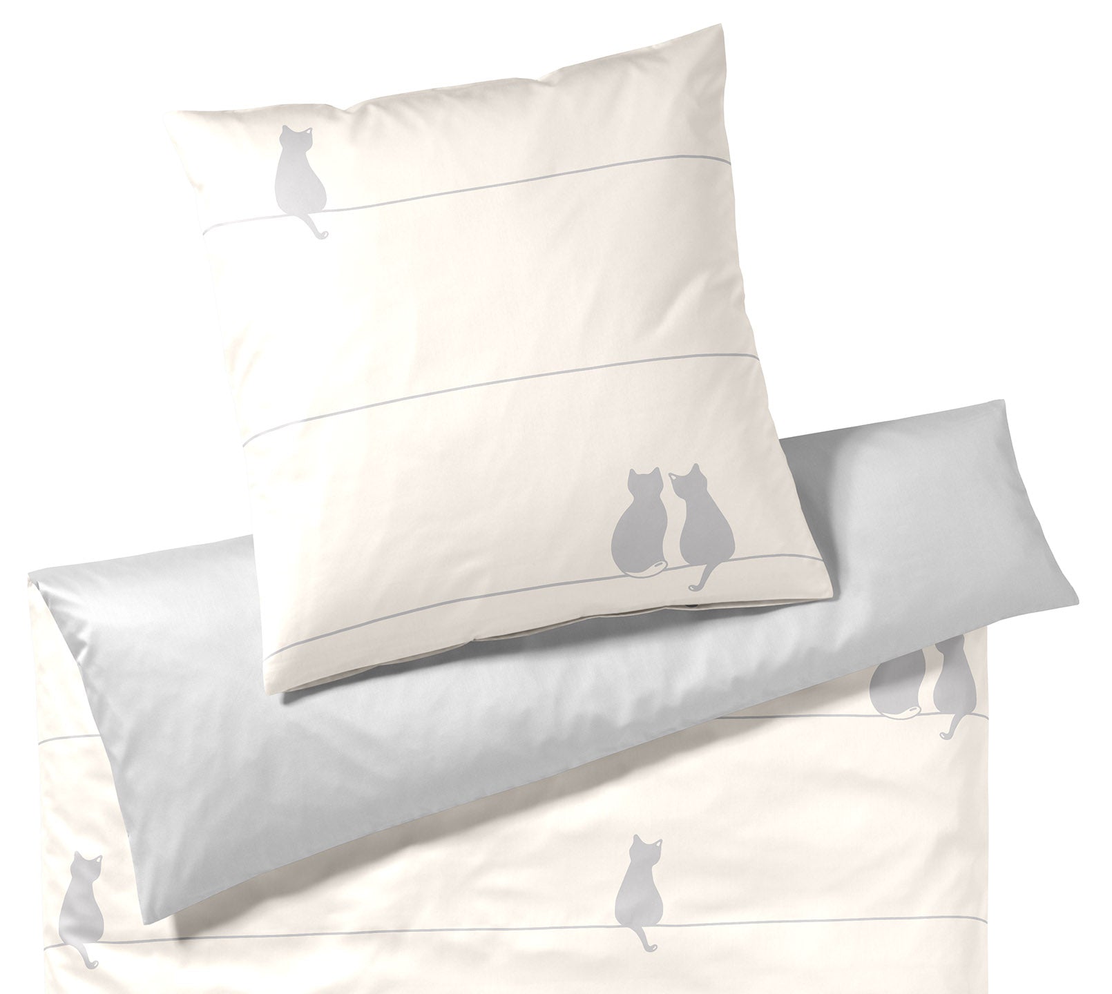 Satin Wende-Bettwäsche You & Me in Creme-Grau Katzenmotiv Freisteller #farbe_You & Me Creme