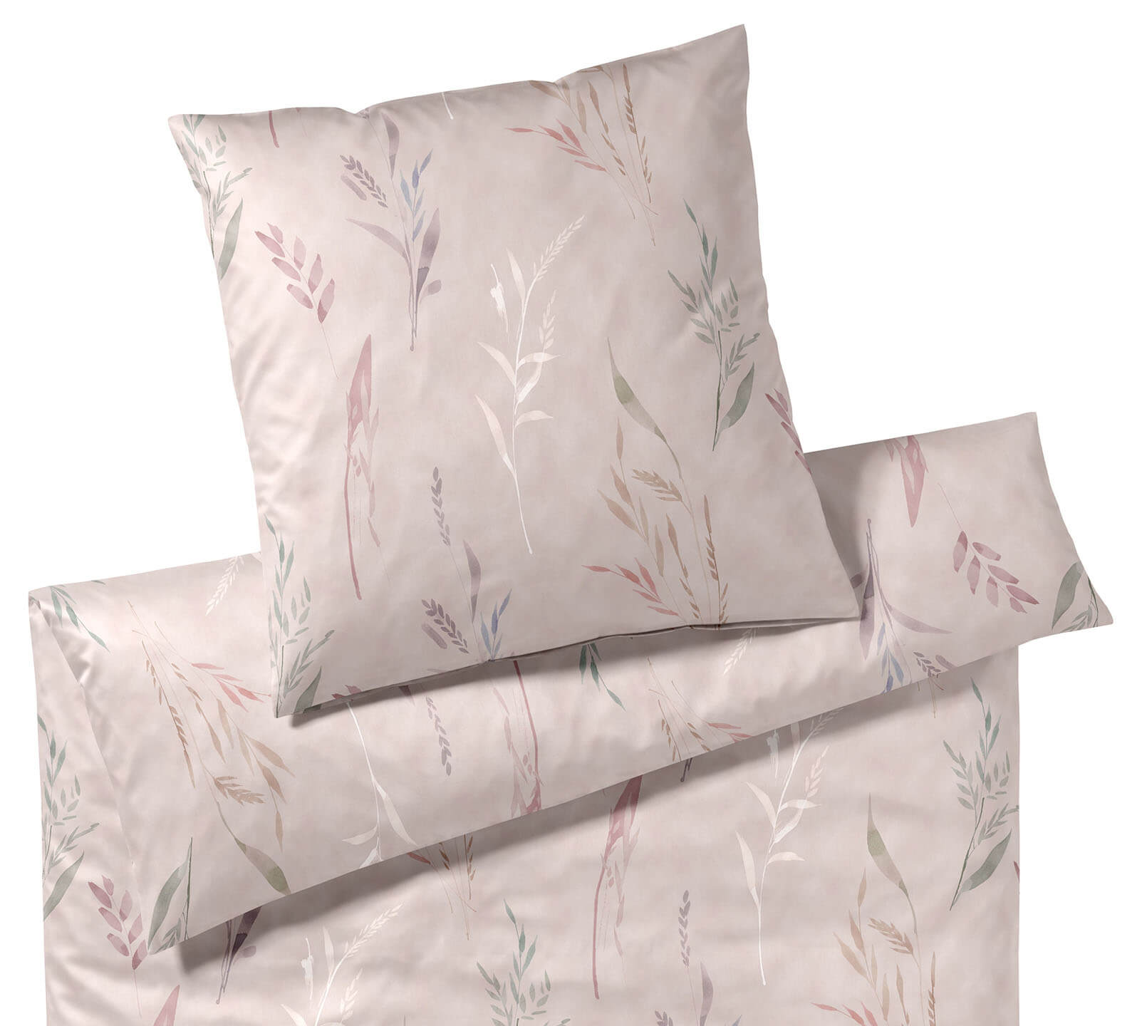 Seiden Satin Bettwäsche Ensemble in Puder Gräsermotiv Freisteller #farbe_Puder