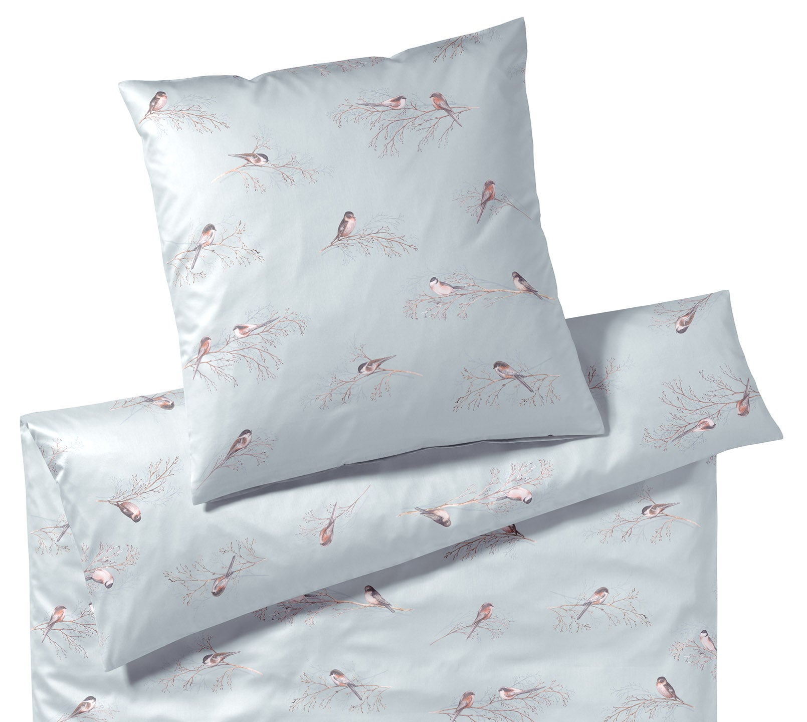 Seiden Satin Bettwäsche Spätzchen in Rauchblau Vogelmotiv Freisteller #farbe_Spätzchen Rauchblau