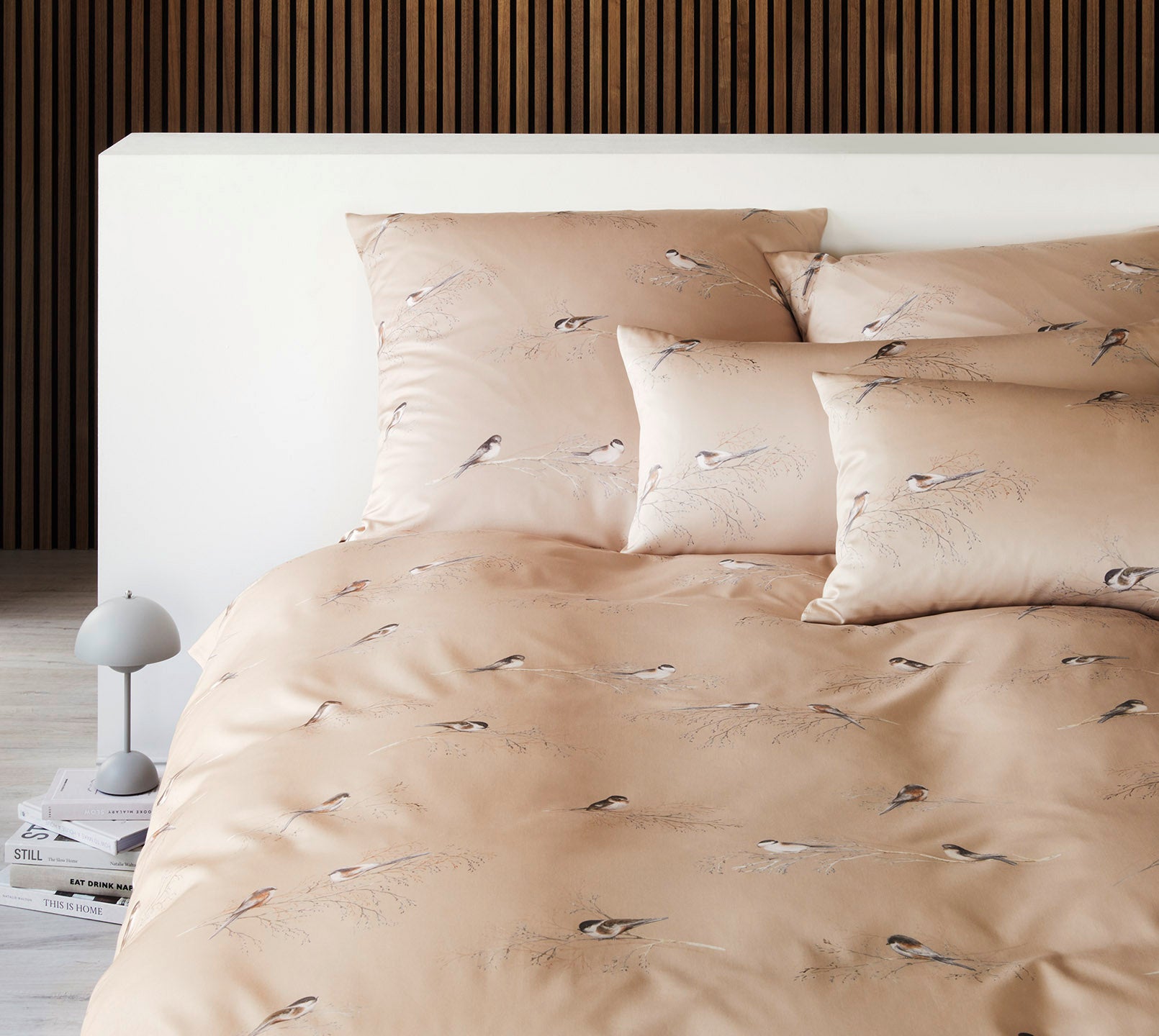 Seiden Satin Bettwäsche Spätzchen in Apricot Vogelmotiv Schlafzimmer #farbe_Spätzchen Apricot