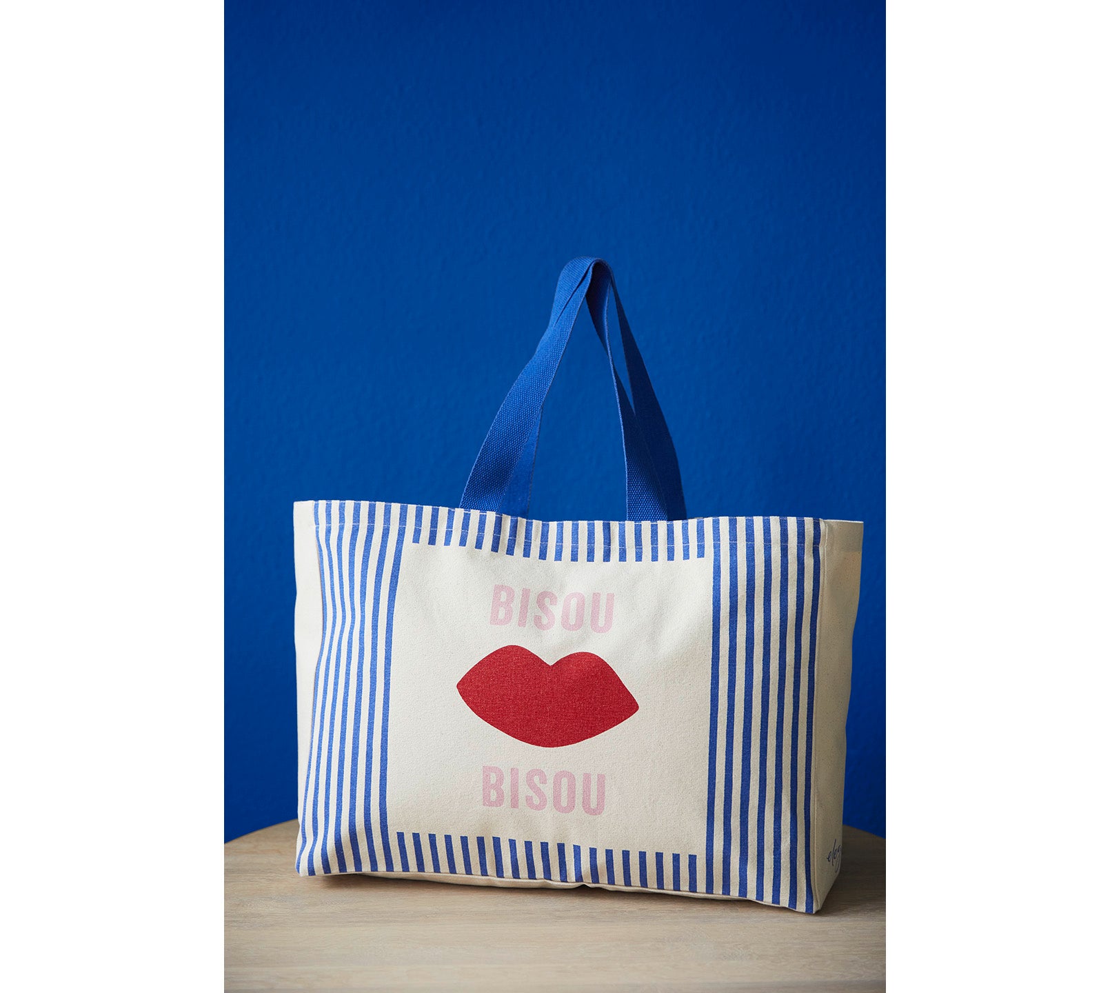 Stoffbeutel Baumwolle Bisou-Kussmund Blau Rot Tasche