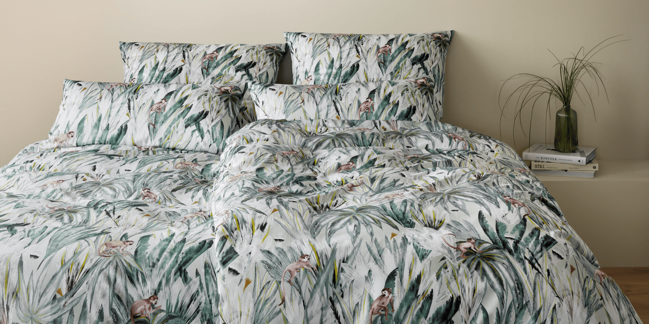 Bambus Baumsatin Bettwäsche Monkeys Weiß Grün Äffchen Schlafzimmer