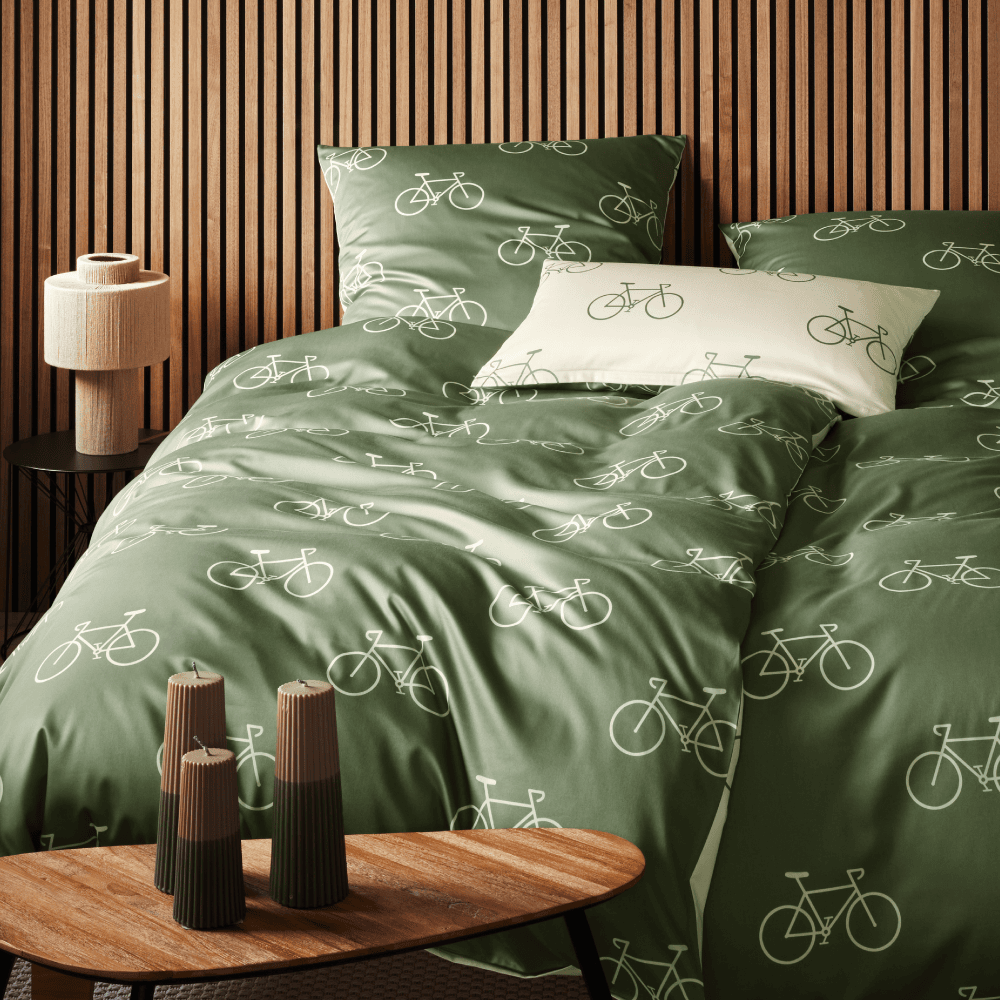 Satin Bettwäsche Velo Fahrrad Grün Beige Schlafzimmer Mobilansicht