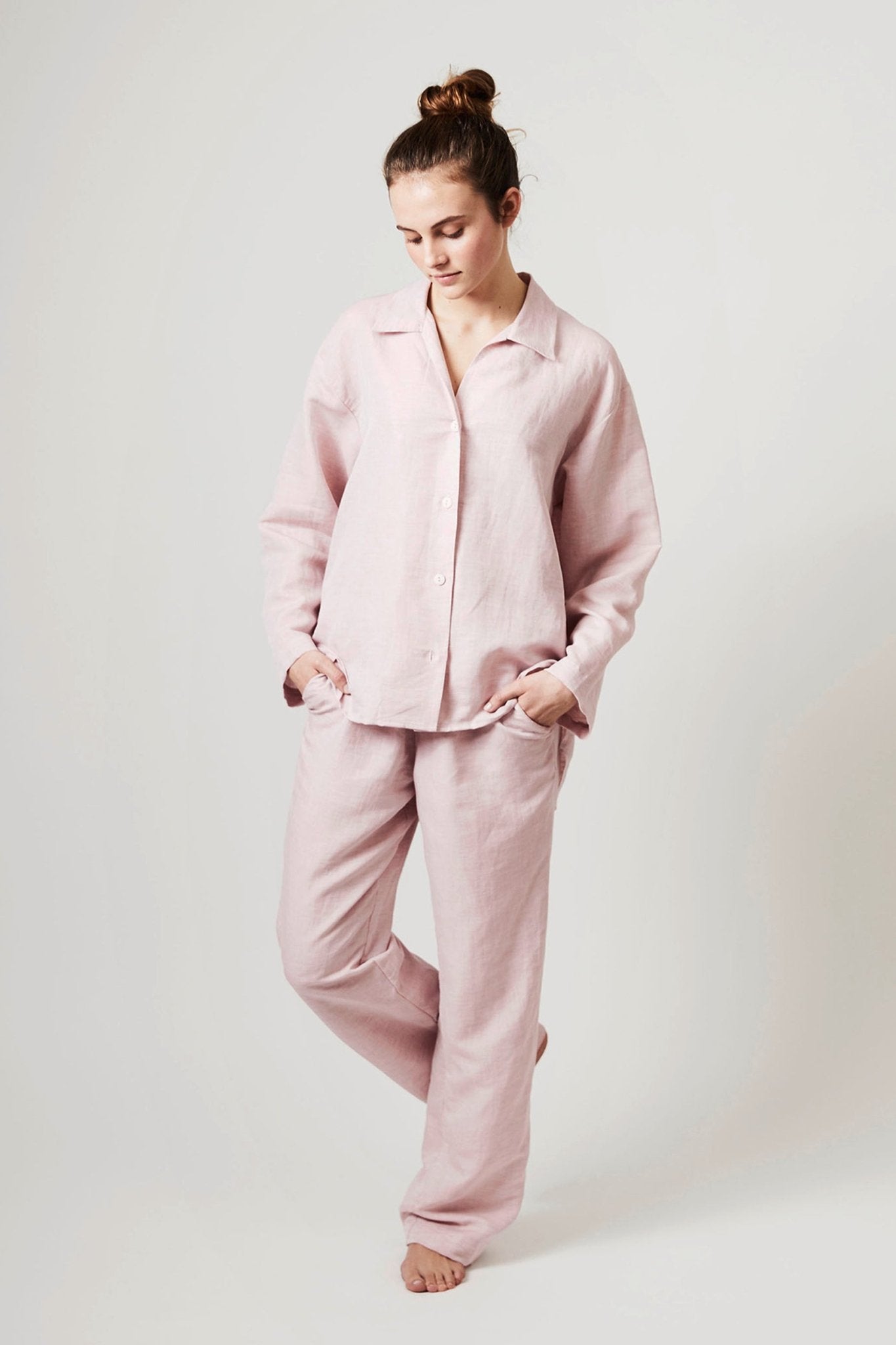 Halbleinen Homewear Pant Long Shirt in Rose Model #farbe_Rosé