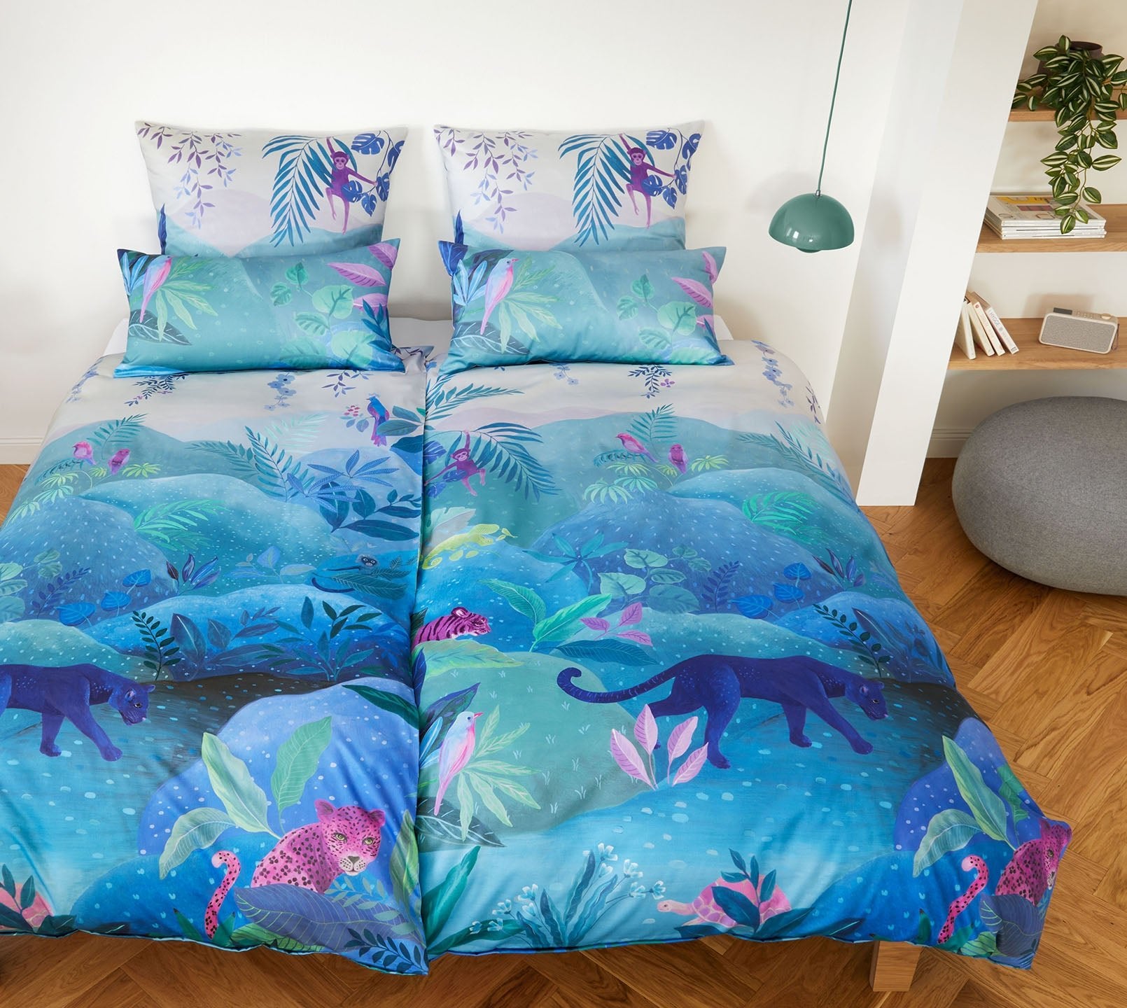 Satin Bettwaesche Fairytale in Gruen Tiere Schlafzimmer #farbe_Türkis-Grün