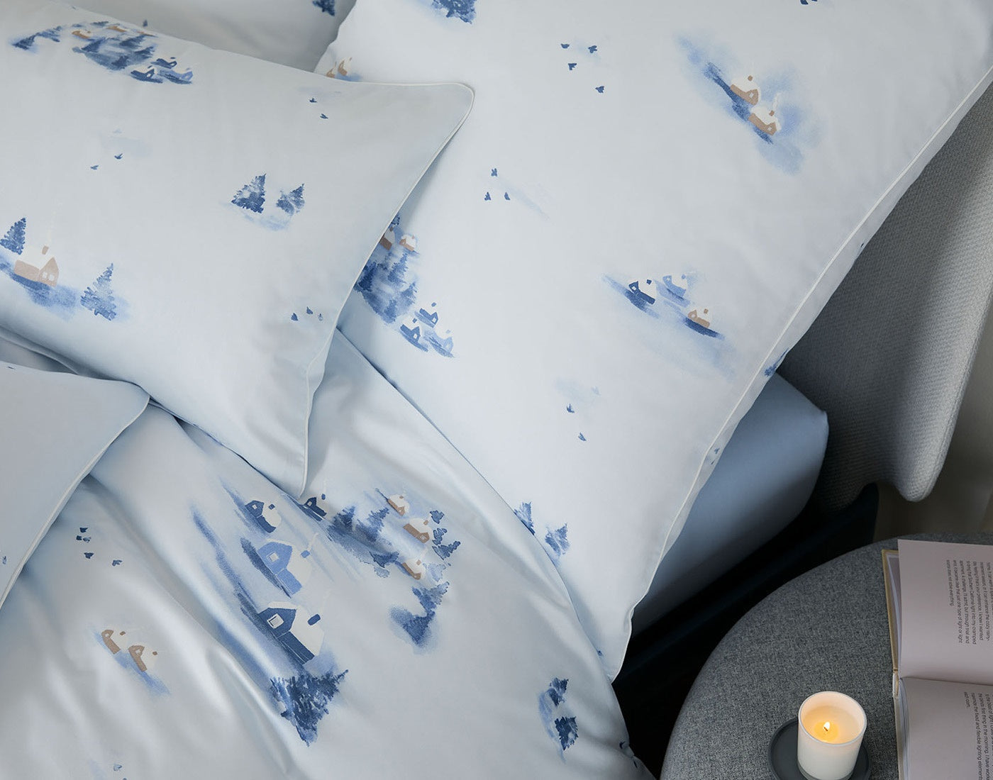 Satin Bettwäsche Home Wintermotiv Häuser Blau