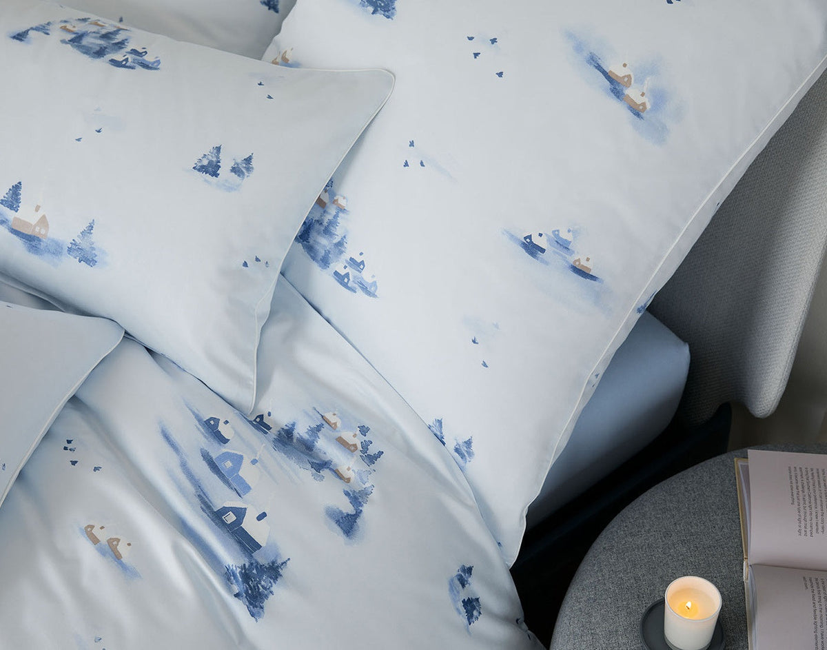 Satin Bettwäsche Home Wintermotiv Häuser Blau