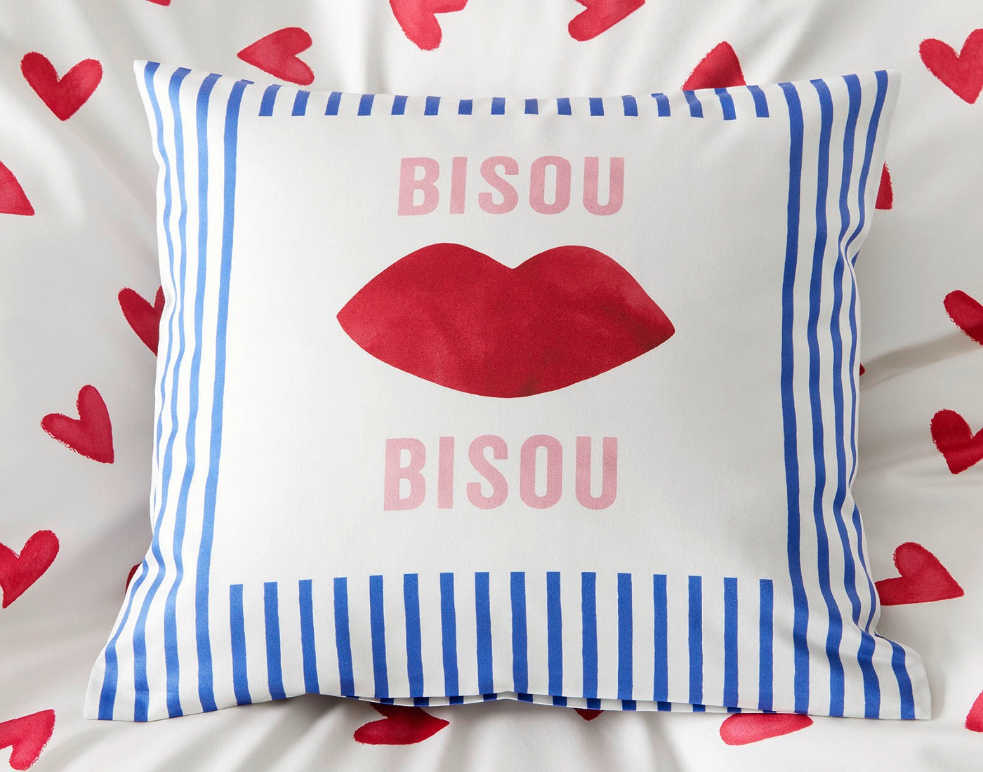 Kissen Bisou mit Kussmund und Streifen