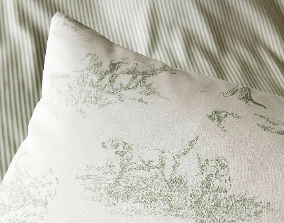 Satin Bettwäsche Toile De Jouy Grün Landschaft KissenDetail 1400x1100