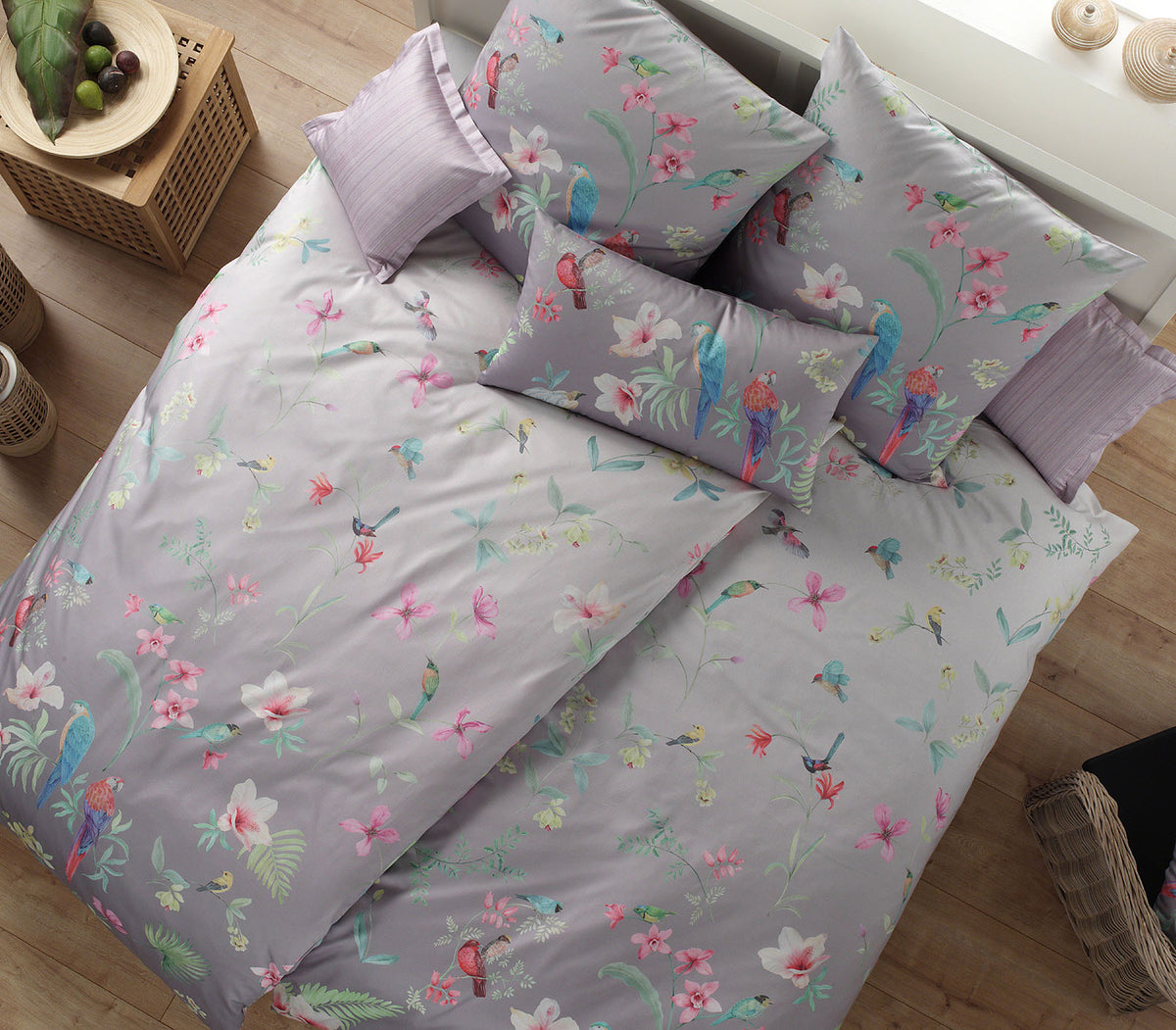 Satin Bettwäsche Paradiso Graphit Vogelmotiv Schlafzimmer #farbe_Graphit