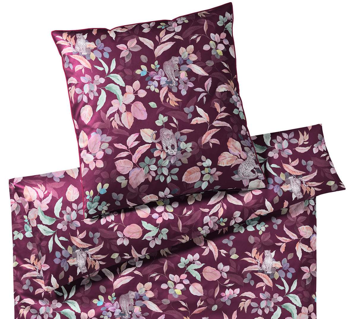 Satin Bettwäsche Wild Mix Leoparden Blätter Design Wild Rot Freisteller #farbe_Wild Mix Wild Wein