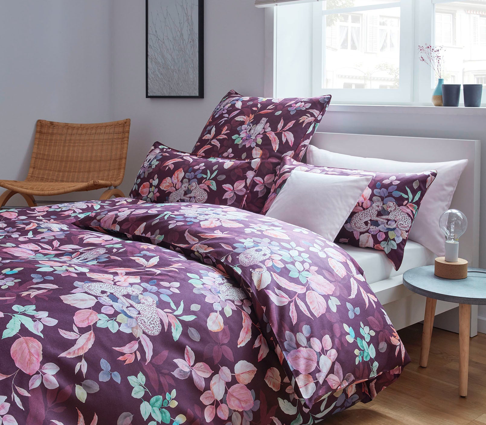 Satin Bettwäsche Wild Mix Leoparden Blätter Design Wild Rot Schlafzimmer #farbe_Wild Mix Wild Wein