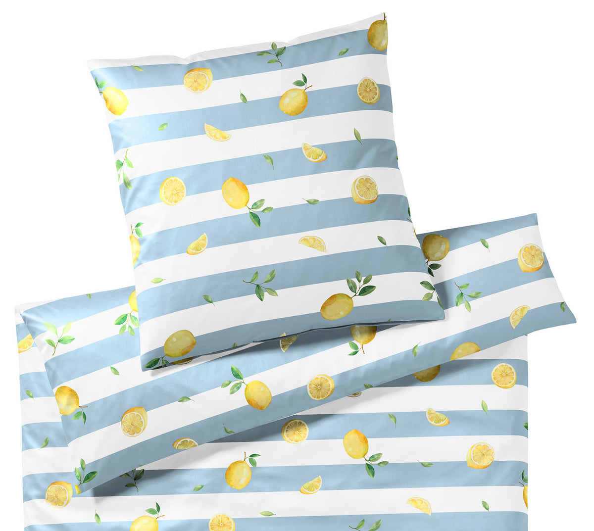 Mako Batist Bettwäsche Lemon Wasserblau Streifen Limonen Freisteller #farbe_Wasserblau