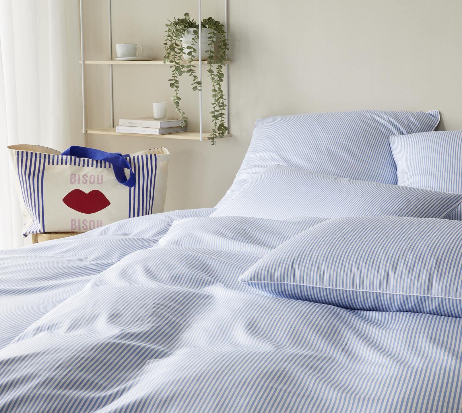 Satin Bettwäsche Hamburger Streifen Blau-Weiß  und Einkaufstasche Schlafzimmer #farbe_Hamburger Streifen Blau-Weiß