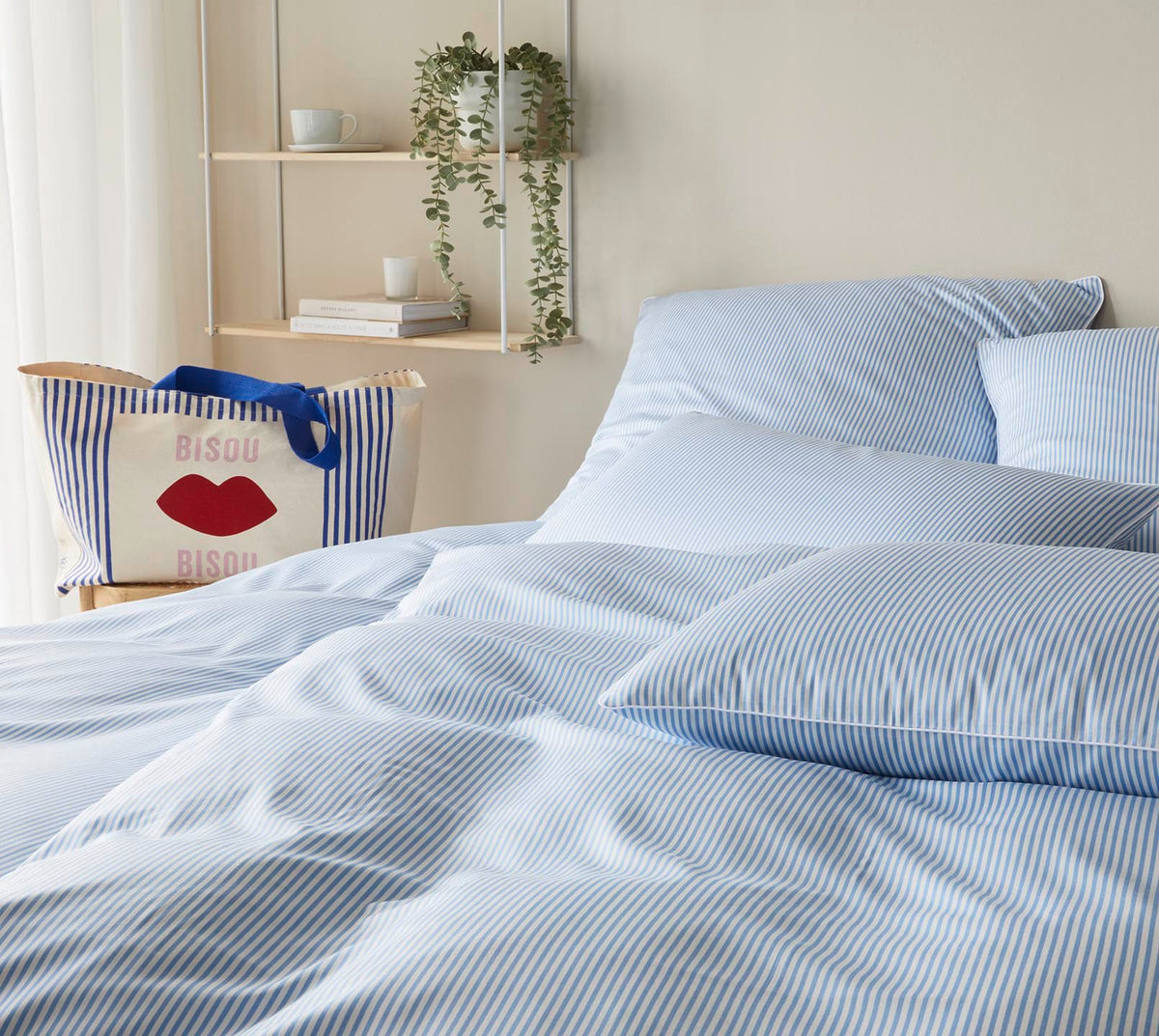 Satin Bettwäsche Hamburger Streifen Blau-Weiß  und Einkaufstasche Schlafzimmer #farbe_Hamburger Streifen Blau-Weiß