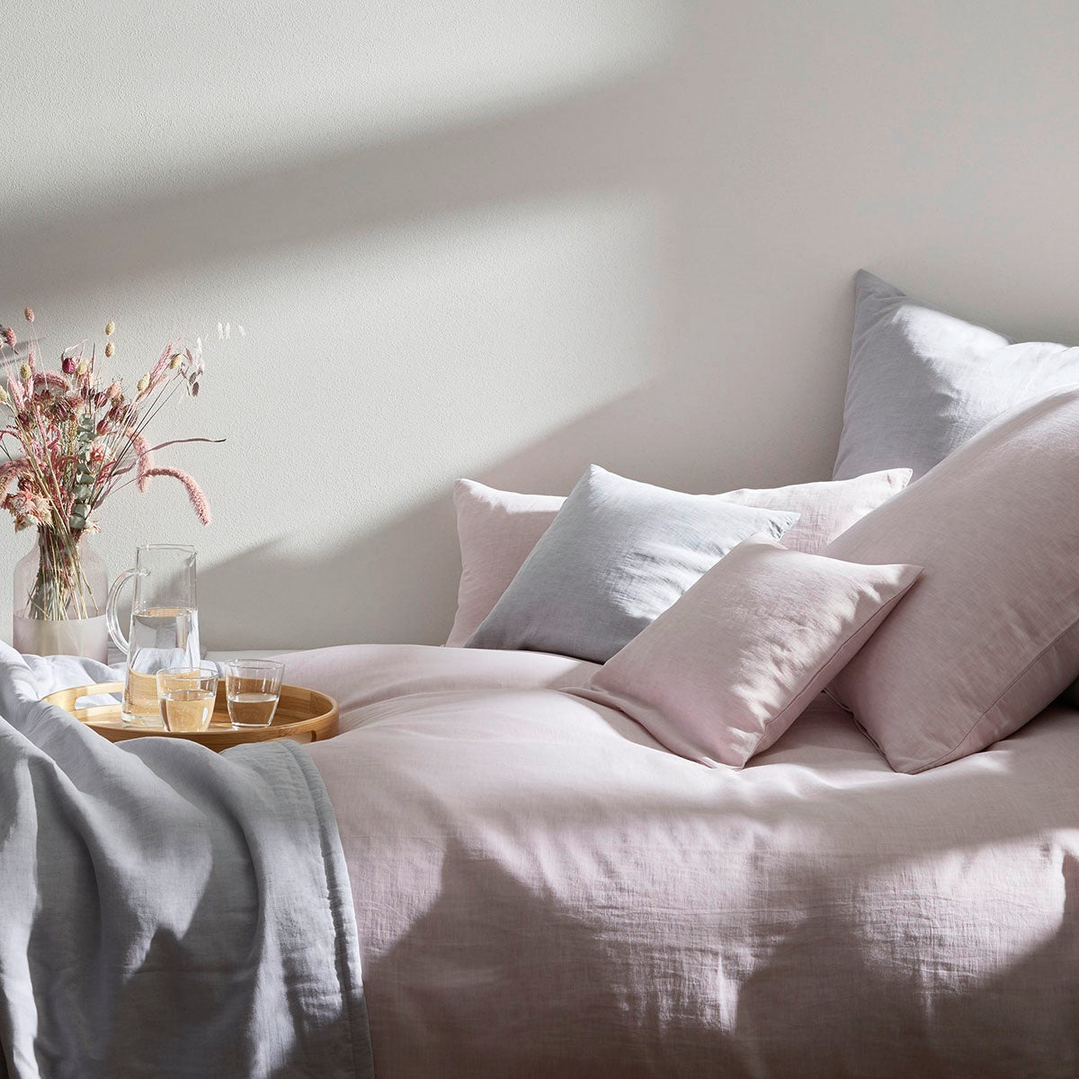 Halbleinen Bettwäsche Breezee Grau Rosa Uni Schlafzimmer