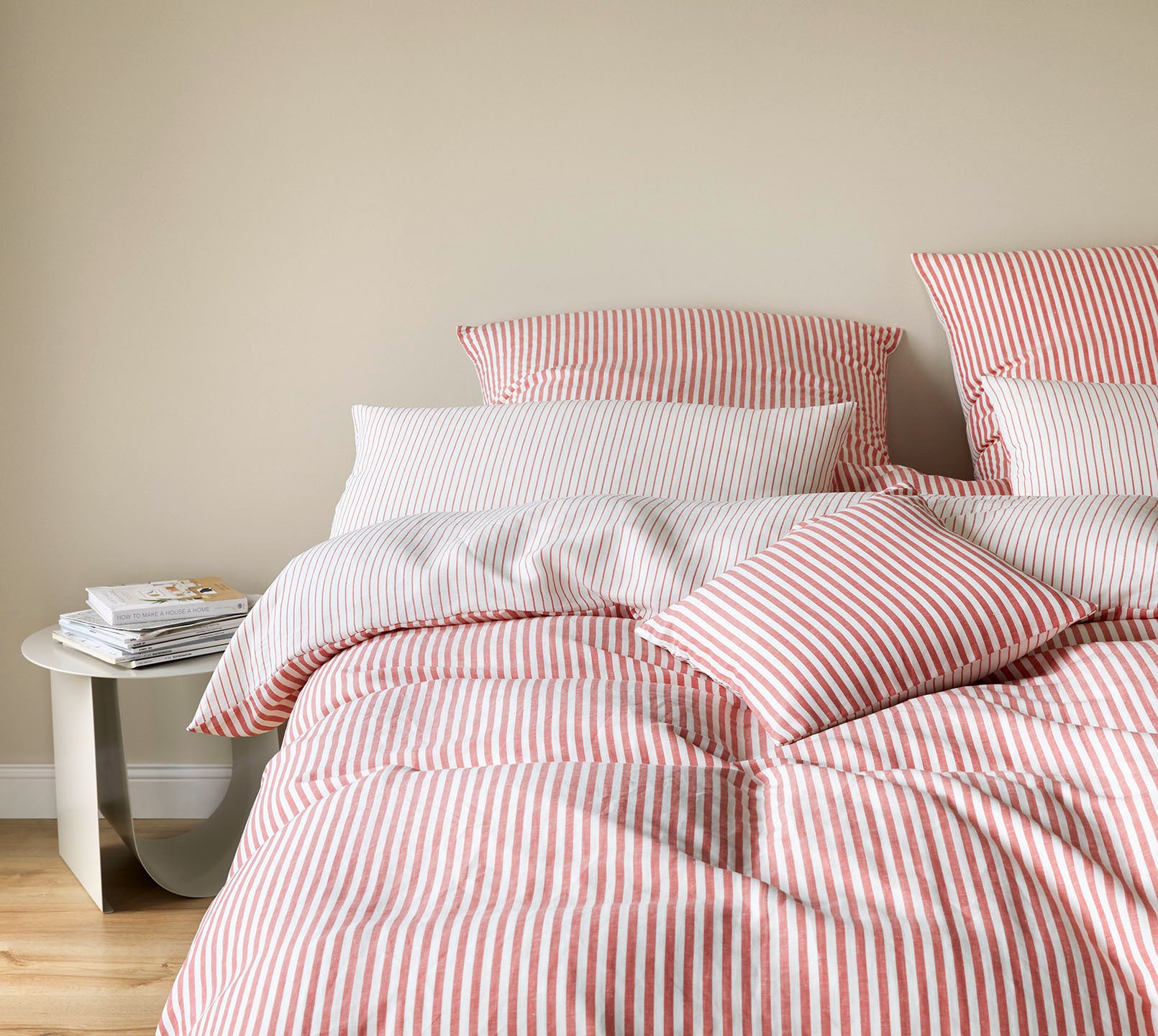 Halbleinen Wende-Bettwäsche Bold in Wassermelone Uni Streifen Schlafzimmer #farbe_Bold Wassermelone