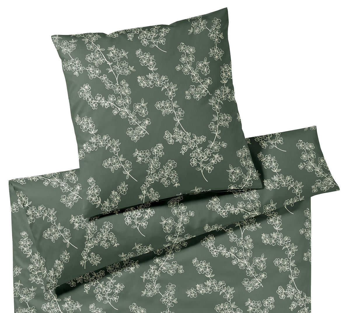 Jersey Bettwäsche Cherry Blossom in Forest-Green Blüten Freisteller #farbe_Forest-Green