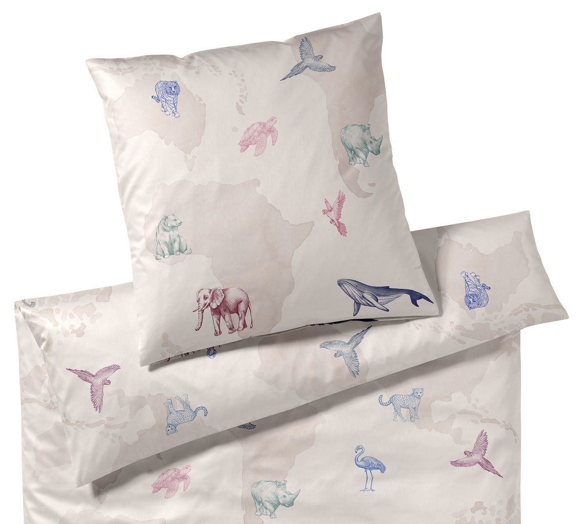 Mako Satin Bettwäsche Traveller mit Tiermotiv auf Kopfkissen