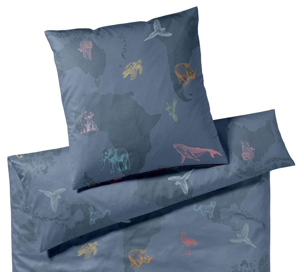 Mako Satin Bettwäsche Traveller mit Tiermotiv auf Kopfkissen