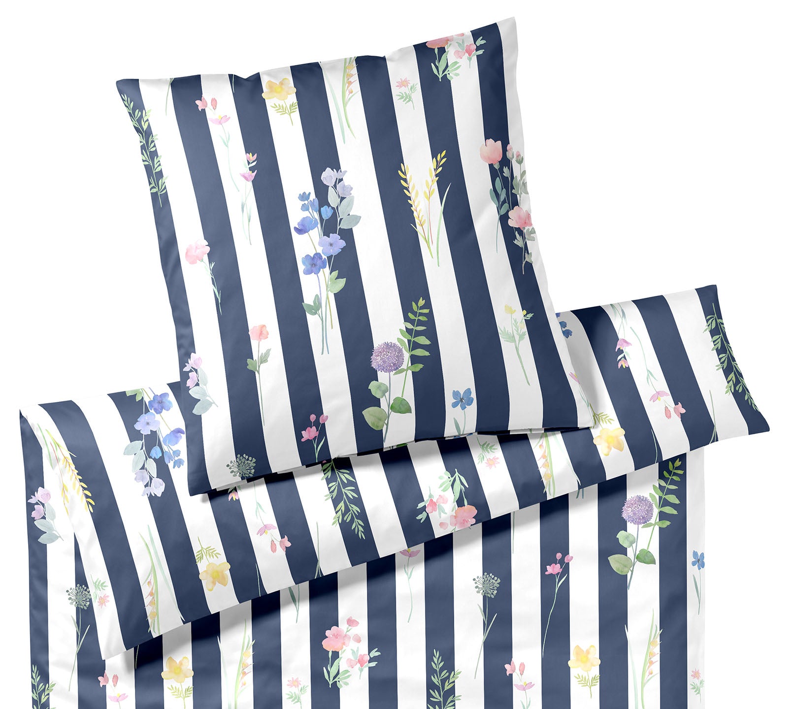 Satin Bettwäsche Flowerstripe in Marine Streifen Blumen Freisteller #farbe_Flowerstripe Marine