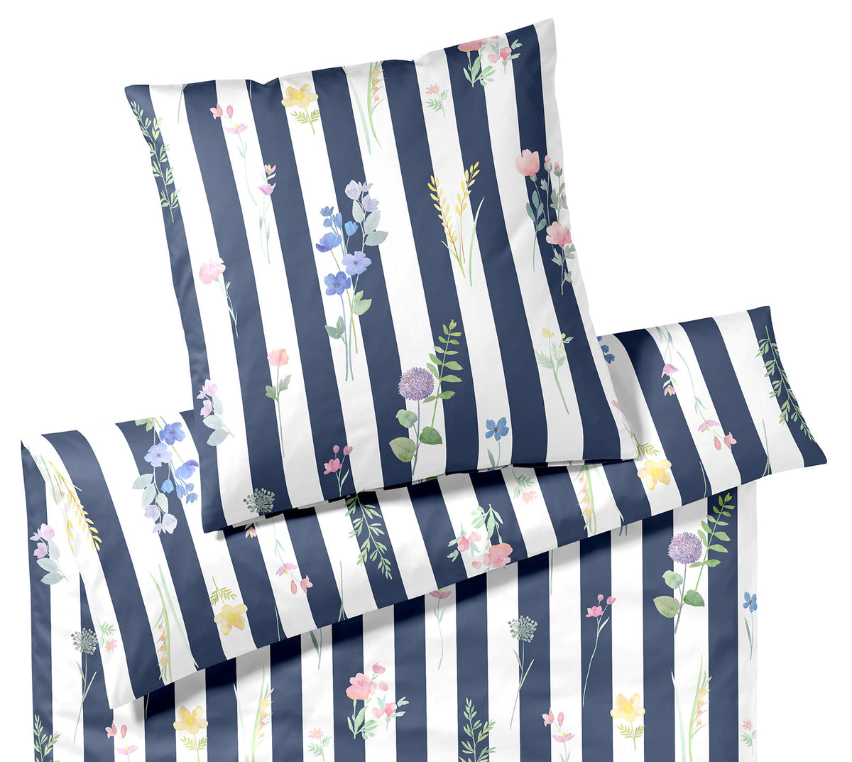 Satin Bettwäsche Flowerstripe in Marine Streifen Blumen Freisteller #farbe_Flowerstripe Marine