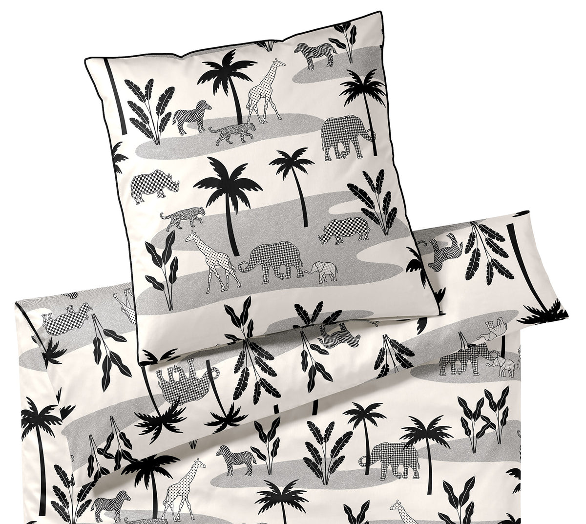 Satin Bettwäsche Jungle Graphic in Schwarz-Sand Dschungeltiere Freisteller #farbe_Jungle Graphic Schwarz-Sand