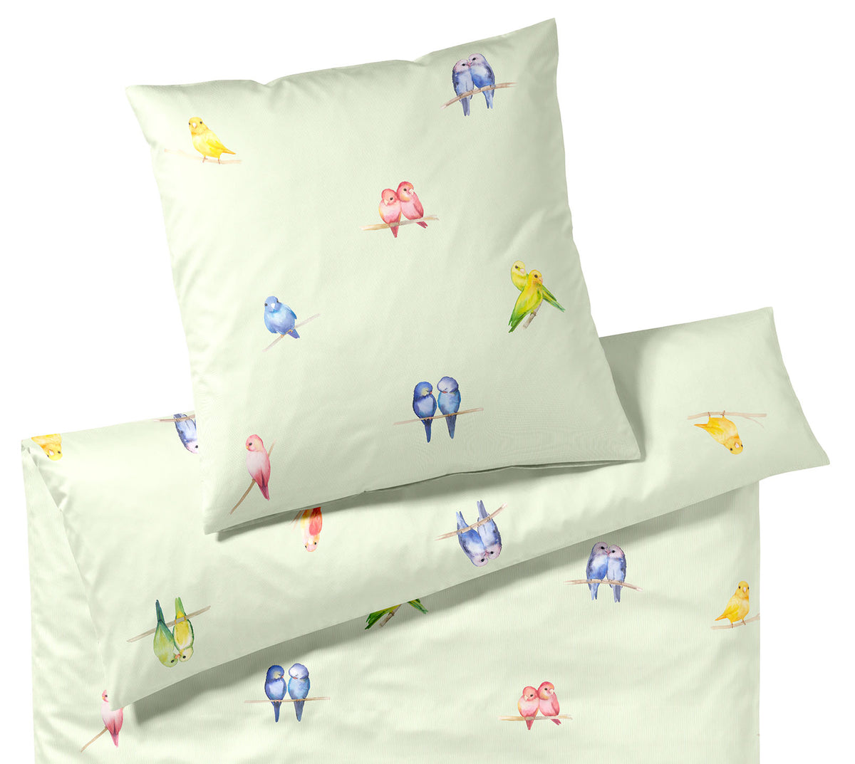 Satin Bettwäsche Lovebirds in Lindgrün Vögel Freisteller #farbe_Lovebirds Lindgrün