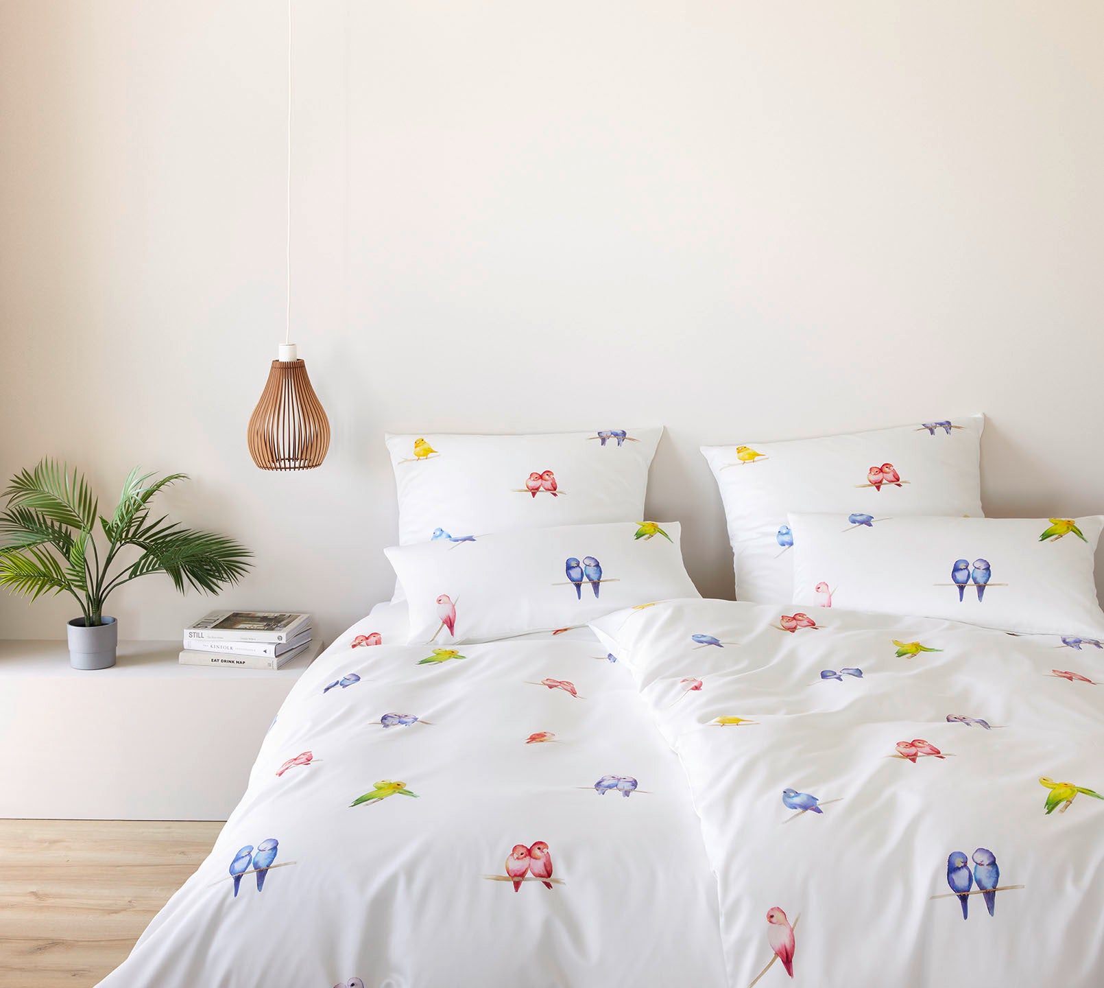 Satin Bettwäsche Lovebirds in Weiß Vögel Schlafzimmer #farbe_Lovebirds Weiß