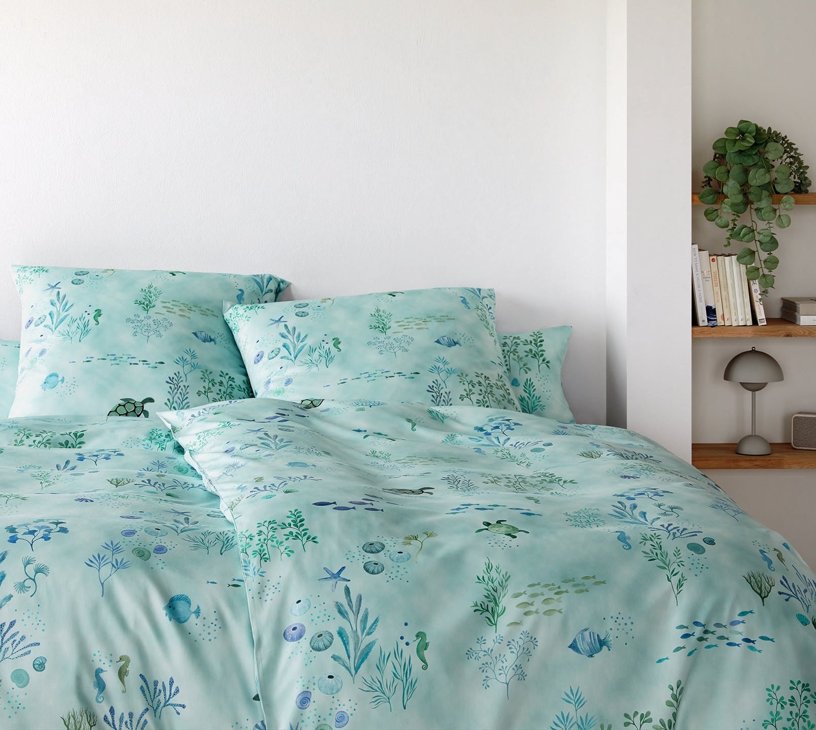 Satin Bettwäsche Sea Life in Aqua - Grün Meerestiere Schlafzimmer #farbe_Aqua - Grün #farbe_Sand