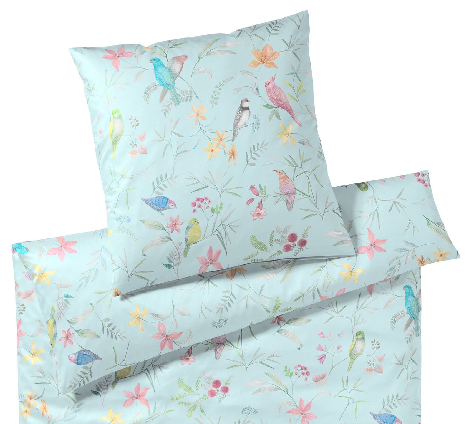 Satin Bettwäsche Snowbirds in Aqua Vögel Blumen Freisteller #farbe_Snowbirds