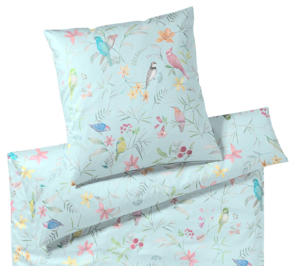 Satin Bettwäsche Snowbirds in Aqua Vögel Blumen Freisteller #farbe_Snowbirds