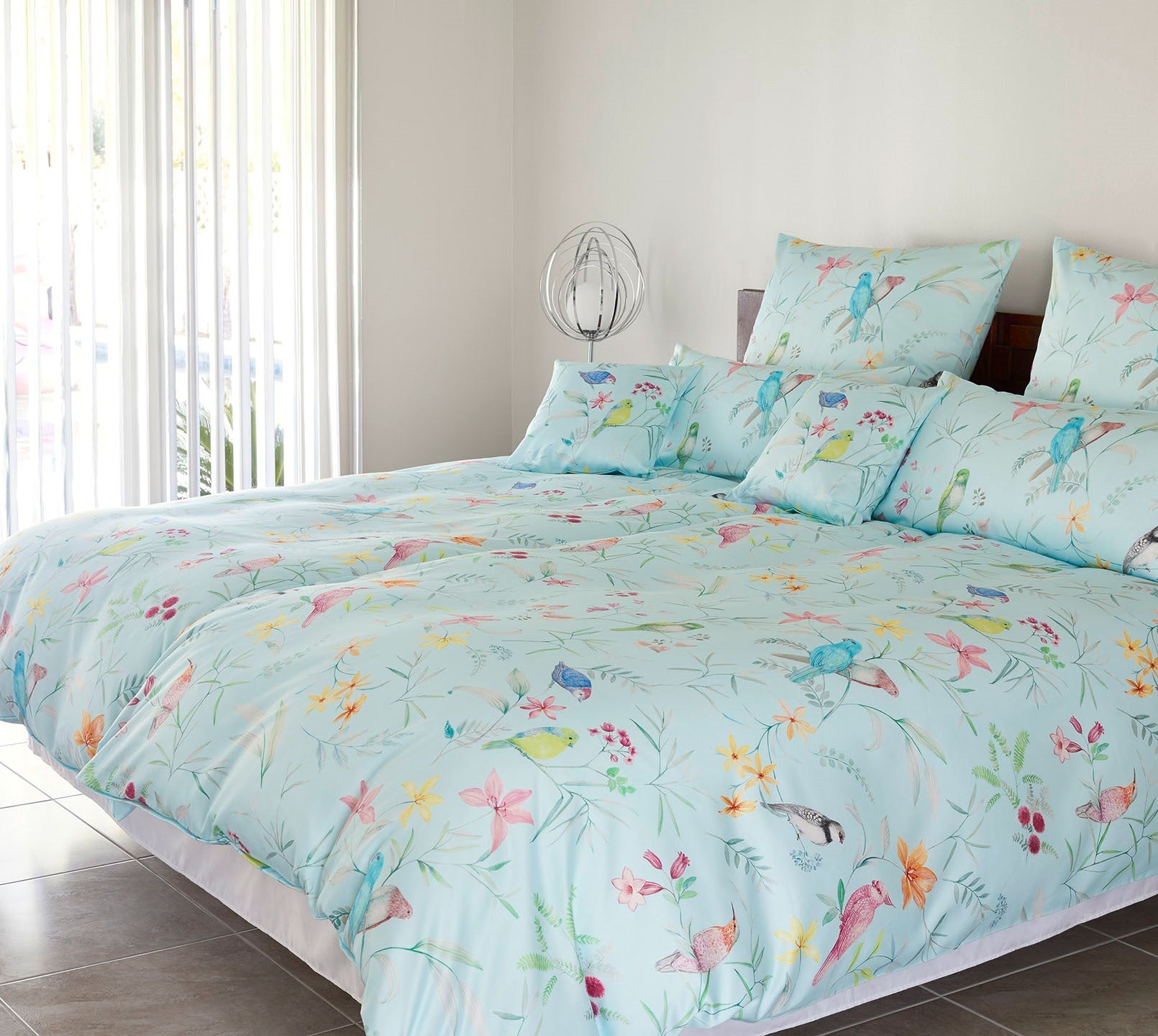 Satin Bettwäsche Snowbirds in Aqua Vögel Blumen Schlafzimmer #farbe_Snowbirds