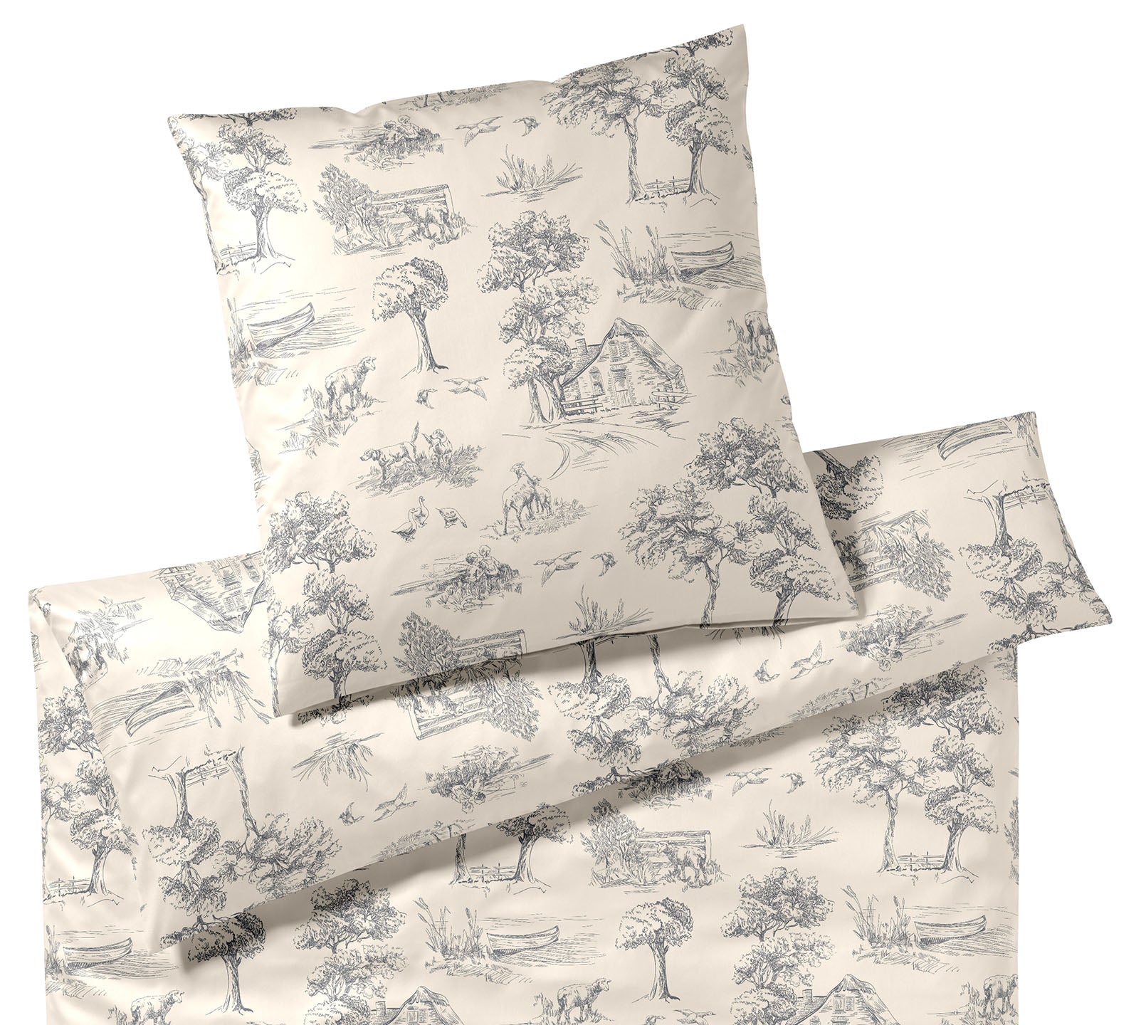 Satin Bettwäsche Toile de Jouy in Greige Landschaften Freisteller 
#farbe_Toile de Jouy Greige